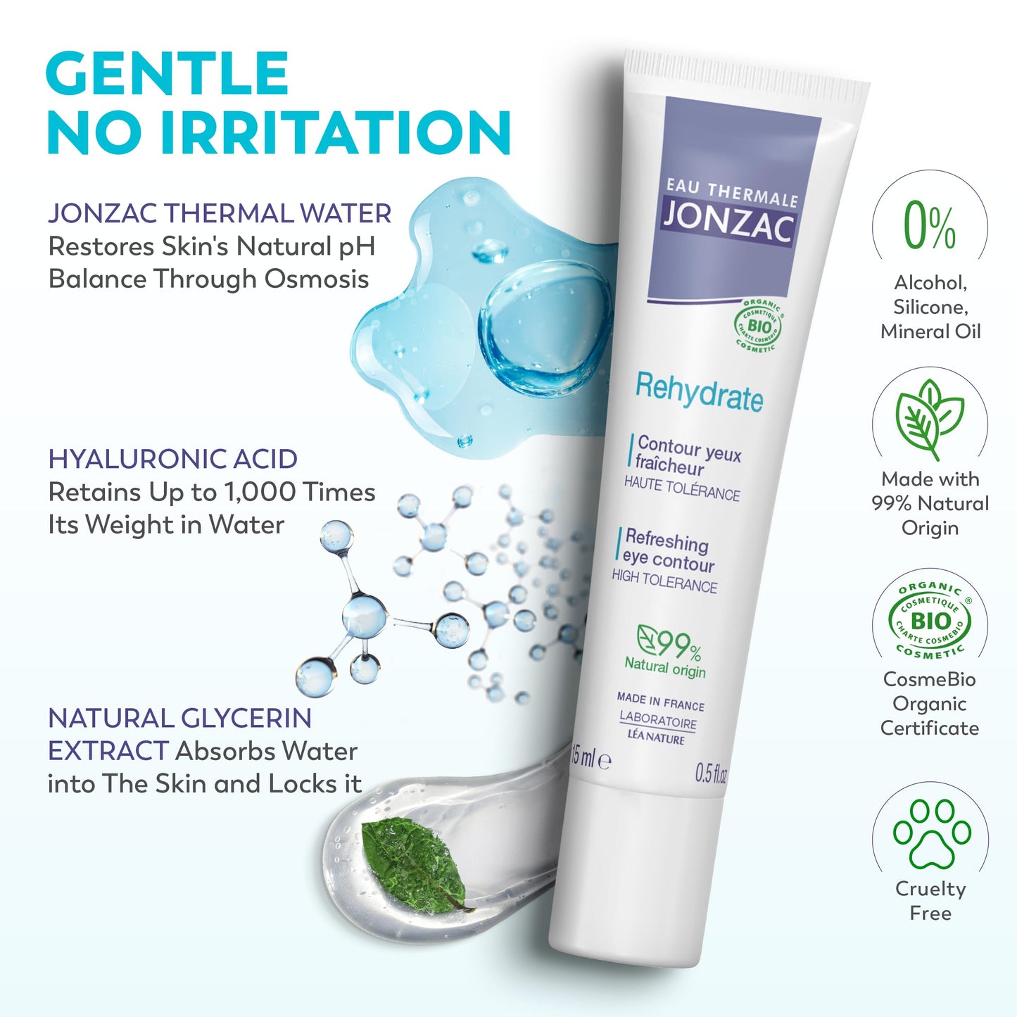 Eau Thermale Jonzac Rehydrate Organic Refreshing Eye Contour Cream - Soothing Hydration with Hyaluronic Acid For Dark Circles - For Sensitive Skin Beauty & Personal Care JONZAC