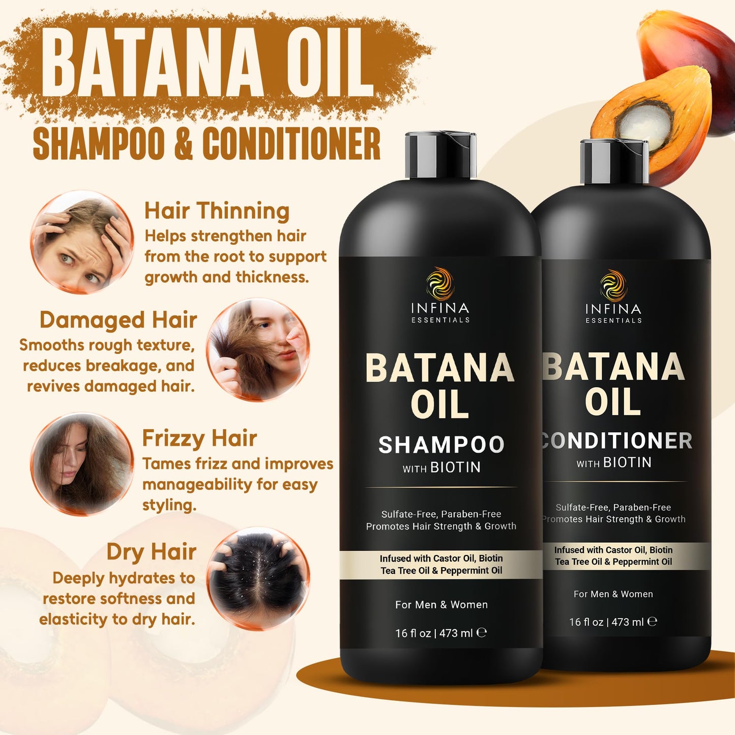 INFINA ESSENTIALS Batana Oil Shampoo and Conditioner Set | 16 fl oz Each | with Biotin & Tea Tree | Moisturizing, Strengthening & Nourishing Formula | Beauty & Personal Care INFINA ESSENTIALS
