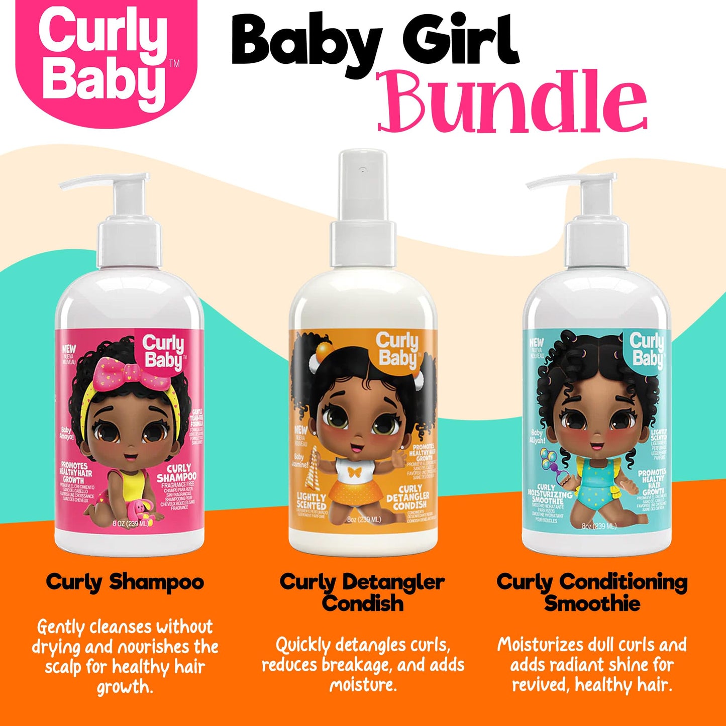 CurlyBaby Baby Girls Curly Hair Bundle - Tear-Free Curly Shampoo, Detangling Conditioner & Moisturizing Smoothie - Gentle, Hypoallergenic Beauty & Personal Care CurlyBaby