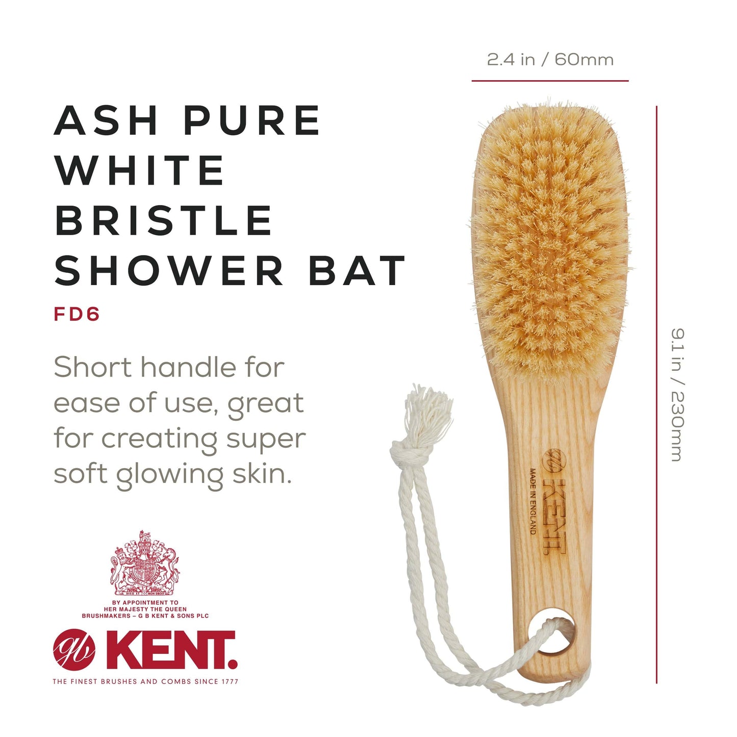 KENT FD6 9" Beechwood Wood Short Handle Shower Bath Body Brush. for Skin Exfoliate & Massage. 100% White Boar Bristles. Best Body, Foot and Leg Beauty and Personal Care KENT