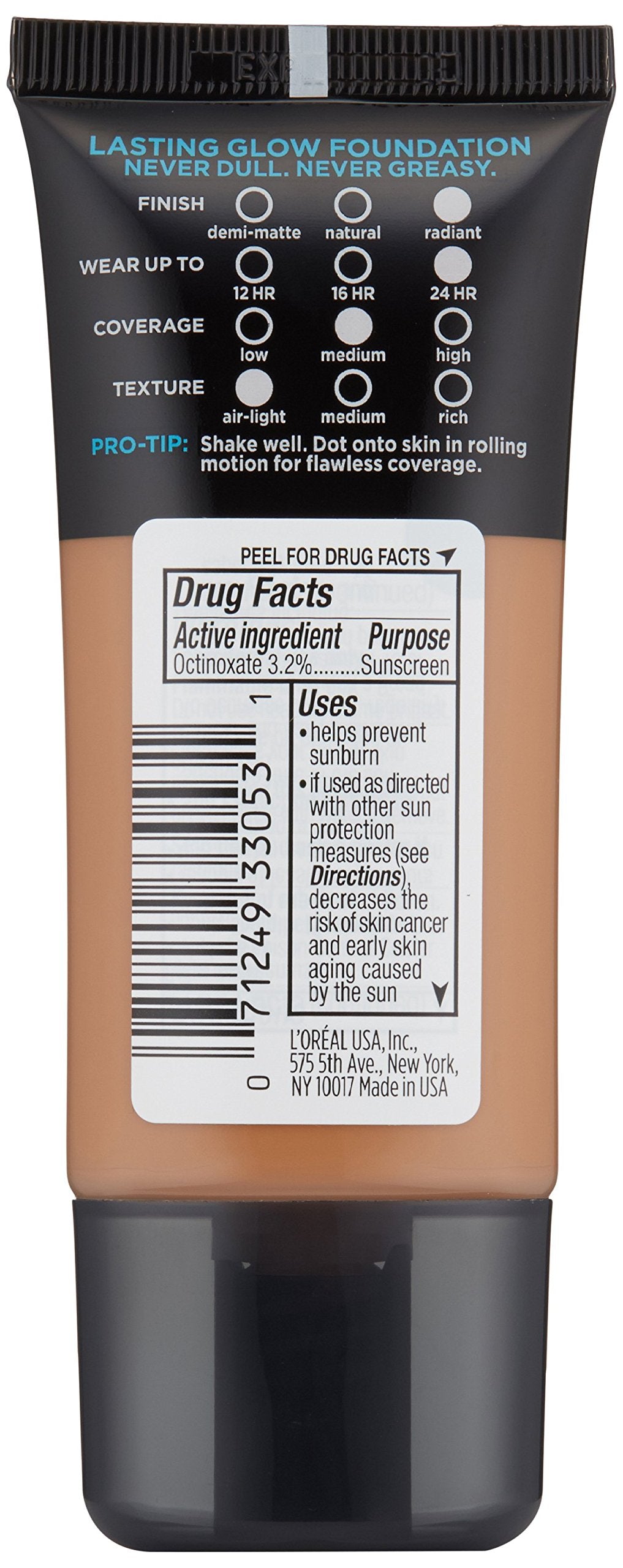 L'Oreal Paris Makeup Infallible Up to 24HR Pro-Glow Foundation, Creme Cafe, 1 fl oz.