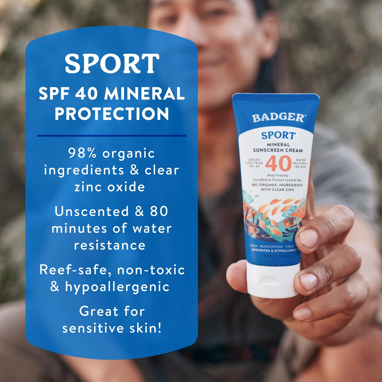 Badger Sport Mineral Sunscreen, Reef Safe, SPF 40, 98% Organic with Zinc Oxide, Water Resistant, Hawaii Reef Act 104 Compliant, Unscented Beauty & Personal Care Badger