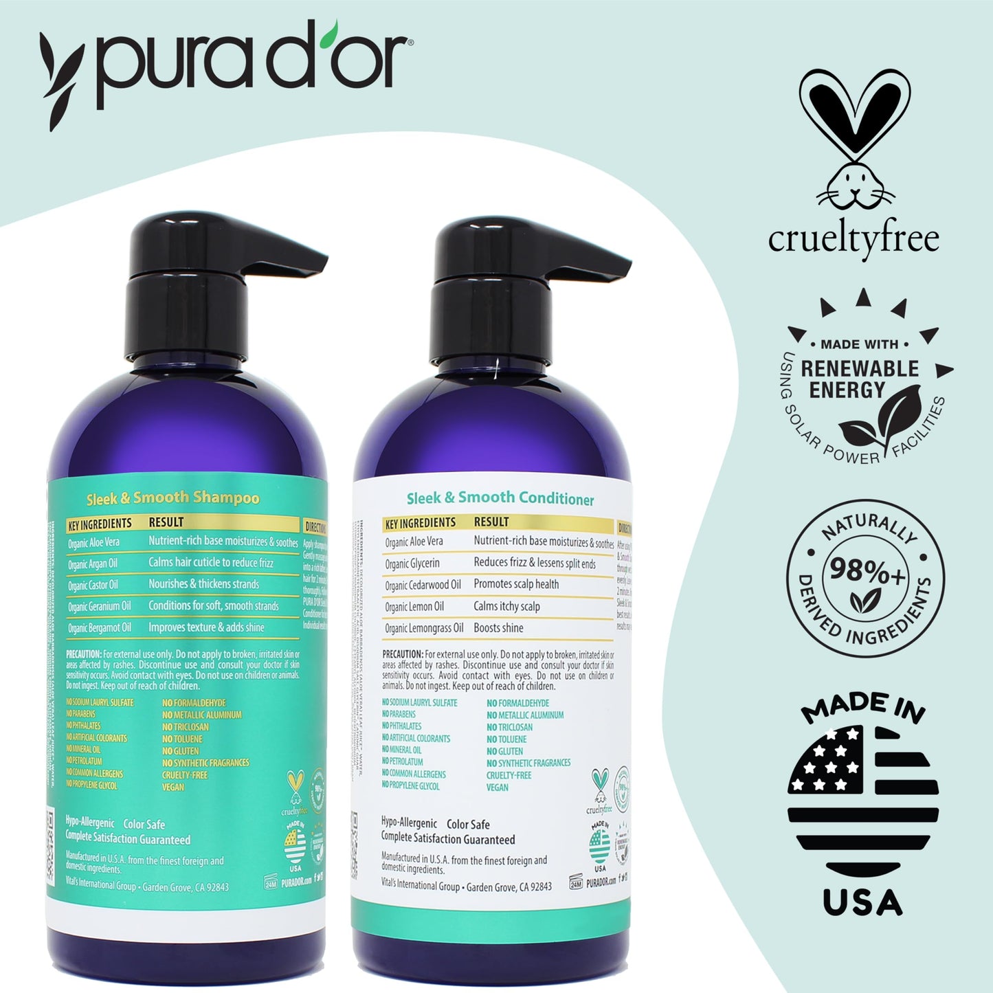 PURA D'OR Sleek & Smooth Shampoo and Conditioner Set For Frizz-Free & Silky Smooth Hair, Infused with Organic Aloe Vera, Argan Oil, Castor Oil Beauty & Personal Care PURA D'OR