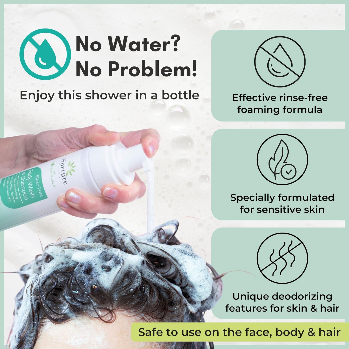 Nurture Rinse Free Body Wash & Shampoo with Aloe | Hospital Grade Hair & Body Waterless Cleansing Foam for Women, Camping, Elderly & Hospital Patients Beauty & Personal Care Nurture Valley