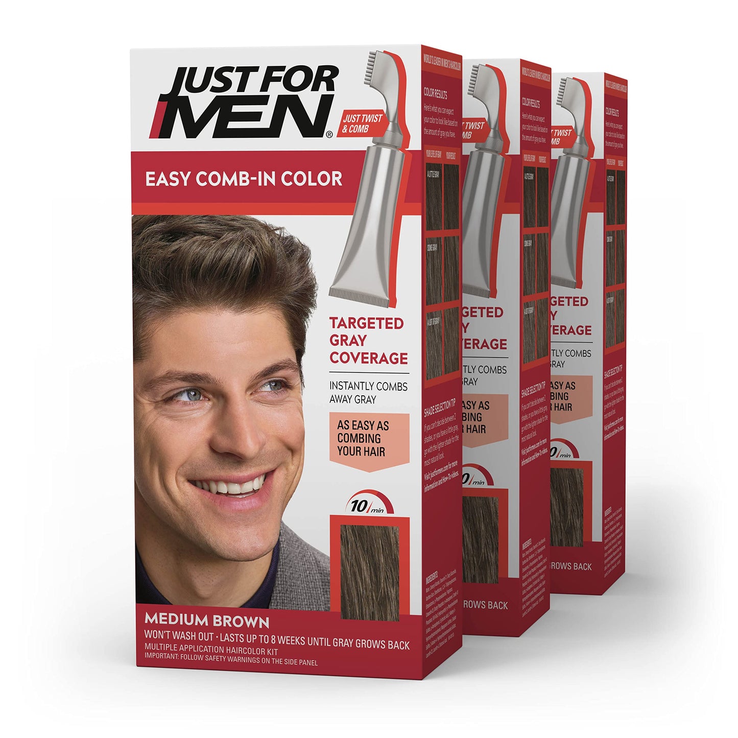 Just For Men Easy Comb-In Color Mens Hair Dye, Easy No Mix Application with Comb Applicator - Medium Brown, A-35, Pack of 3 Beauty & Personal Care Just for Men
