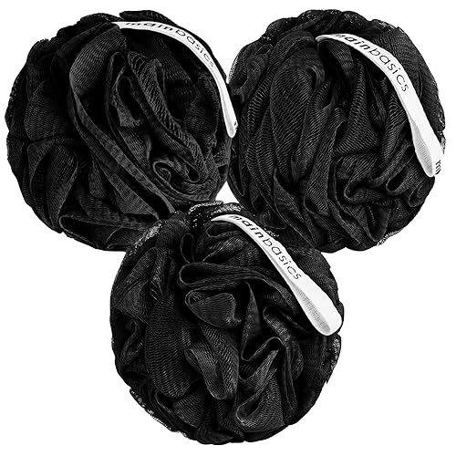 MainBasics Bath Shower Loofah Sponge Pouf Body Scrubber Exfoliator Body Wash Sponge (Set of 3, Triple Black) Beauty & Personal Care MainBasics