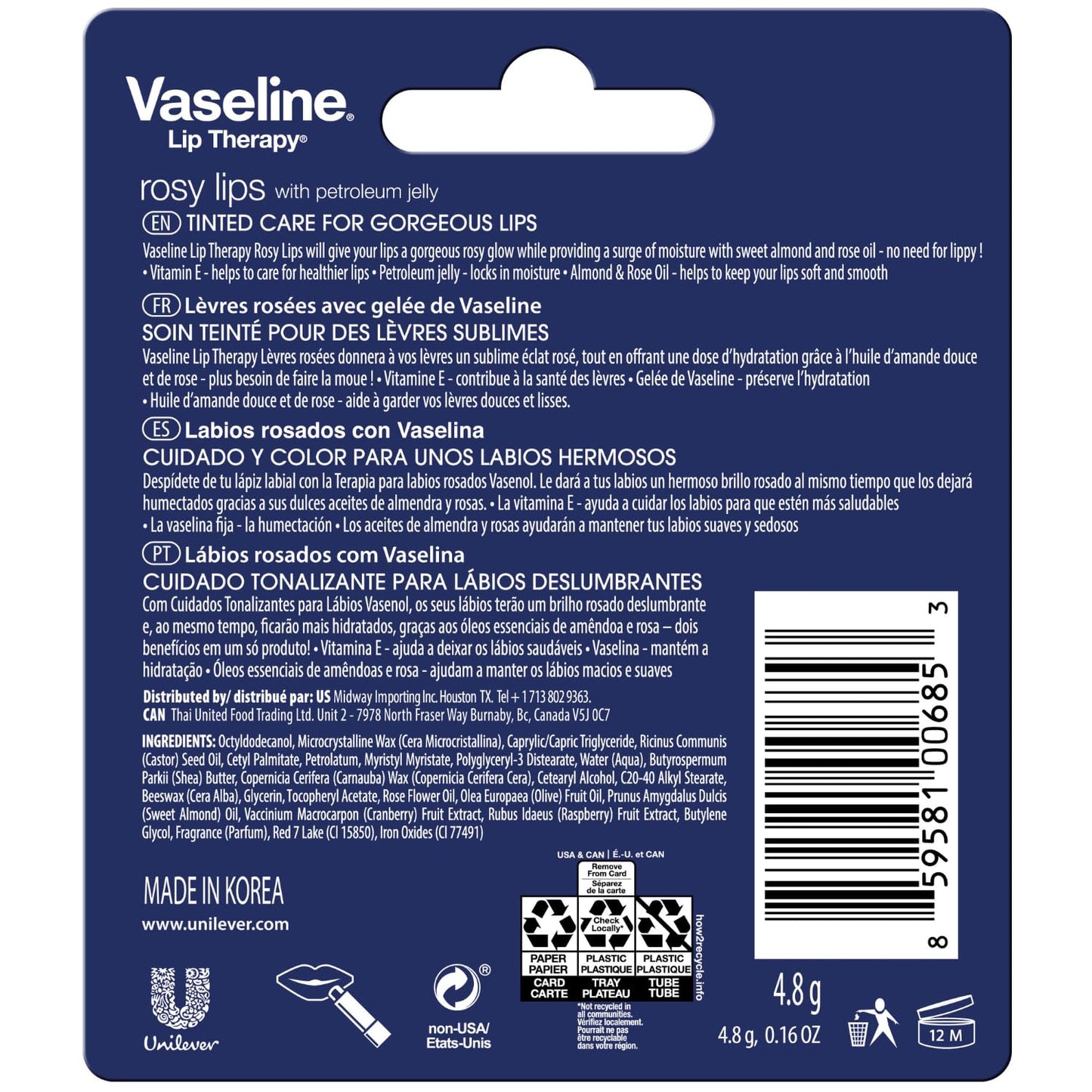 Vaseline Lip Therapy Rosy Lips 8-Pack - Moisturizing Lip Balm, Tinted, 0.16 Oz Ea Beauty and Personal Care Vaseline