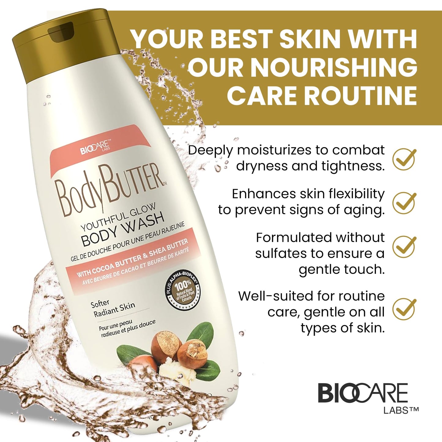 Biocare Youthful Glow Body Wash Infused with Cocoa & Shea Butter, Intensive Moisture, Nourished, Soft Body Wash - 16.5 oz Beauty & Personal Care Biocare