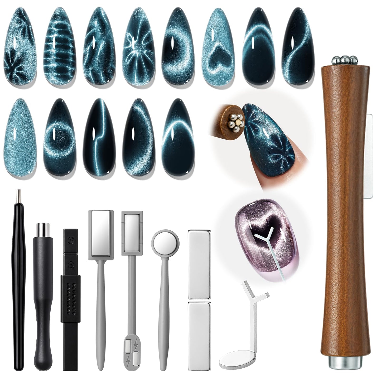 modelones Cat Eye Magnet Set, Heart French Cateye Gel Polish Nail Tools Kit Dual-Head 3 IN One Magnets Pen Round Square Flower Glassy Moon Multi Beauty and Personal Care modelones