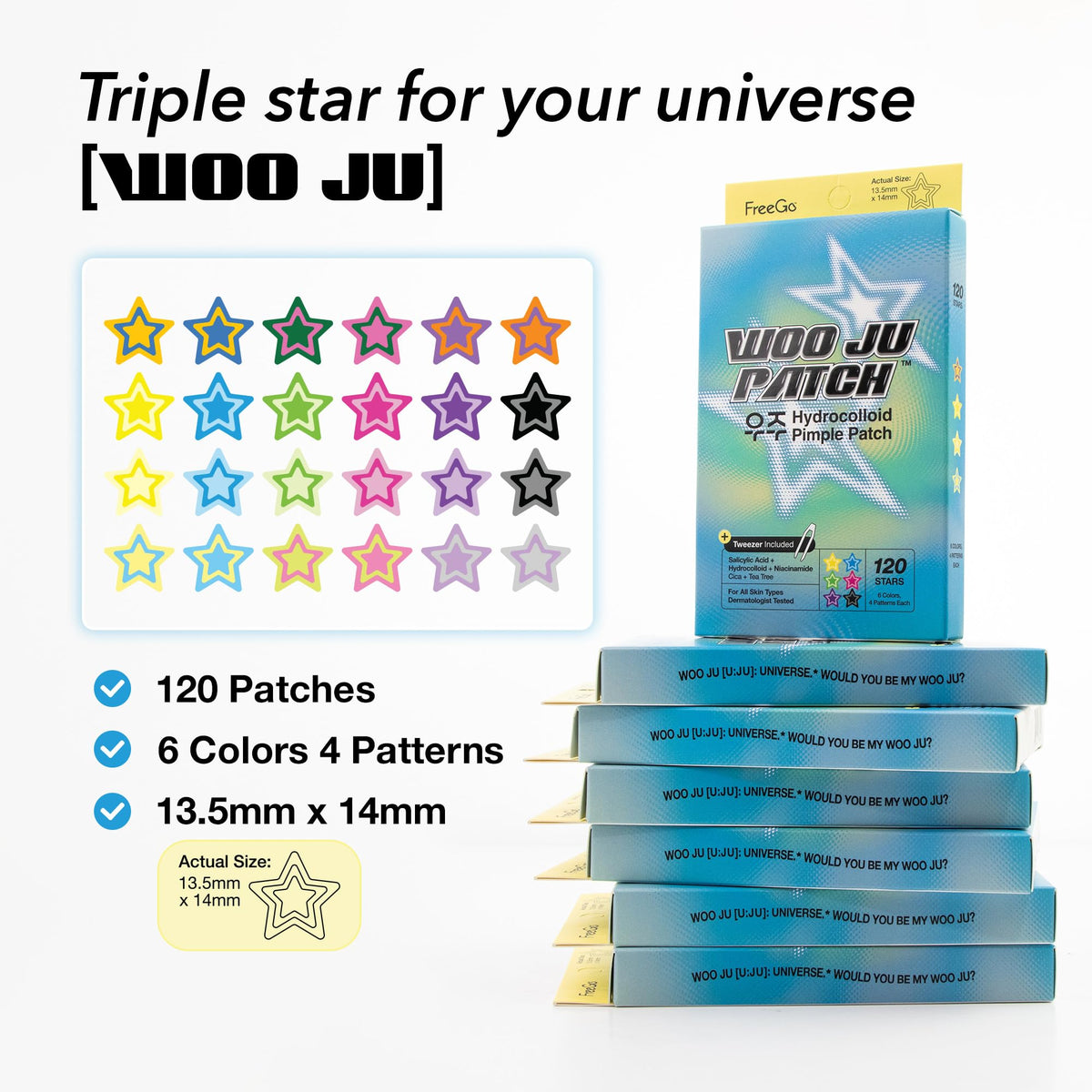 FreeGo WOO JU (??) Hydrocolloid Pimple Patch 120 Counts | Cute Colorful Star Shape | Salicylic Acid, Niacinamide, CICA, Tea Tree | Made in Korea Beauty & Personal Care FreeGo