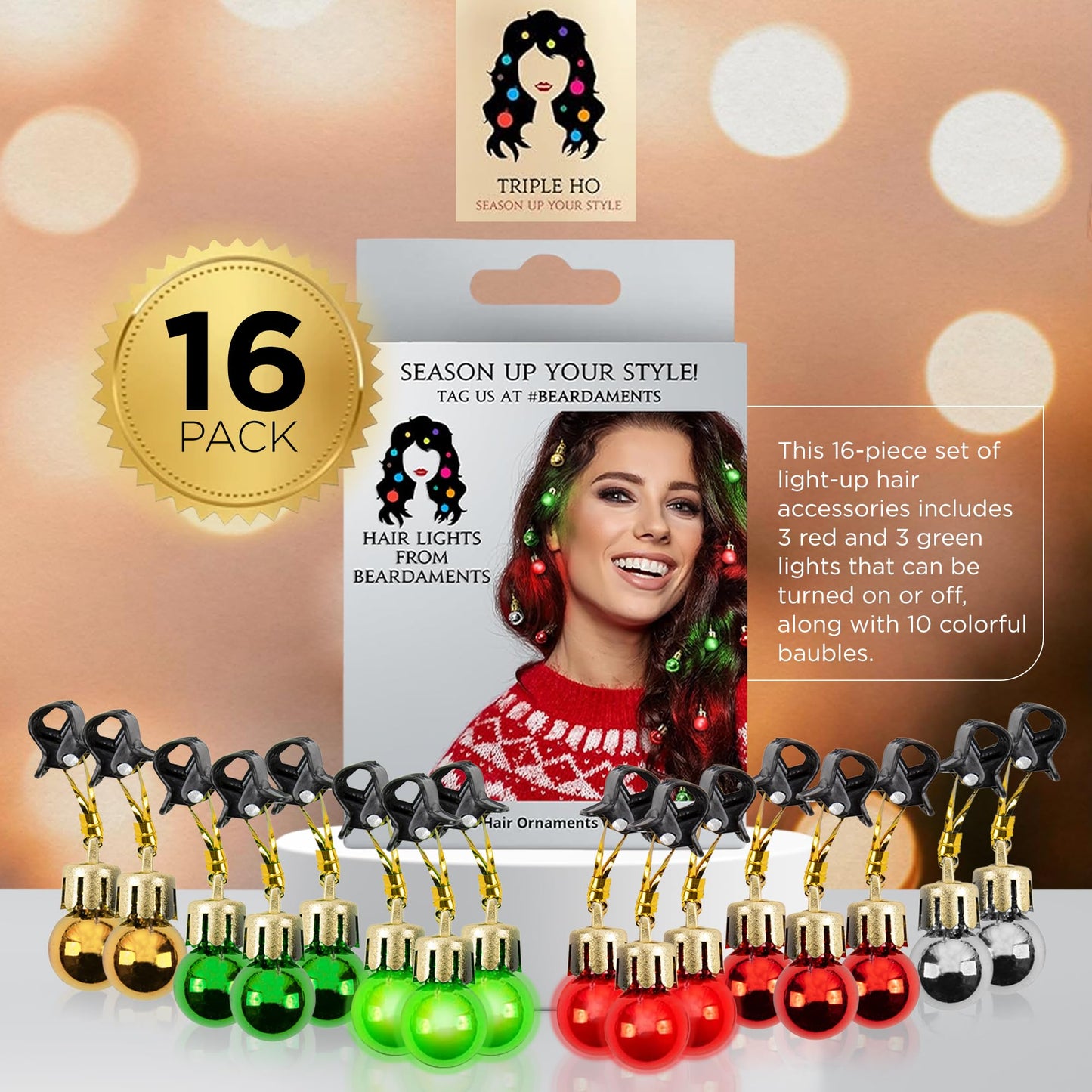 Beardaments Light Up Hair Lights - The Original Ornaments from, 16pc Colorful Christmas Hair Baubles for Holiday Cosplay Women Party Costume Beauty & Personal Care Beardaments