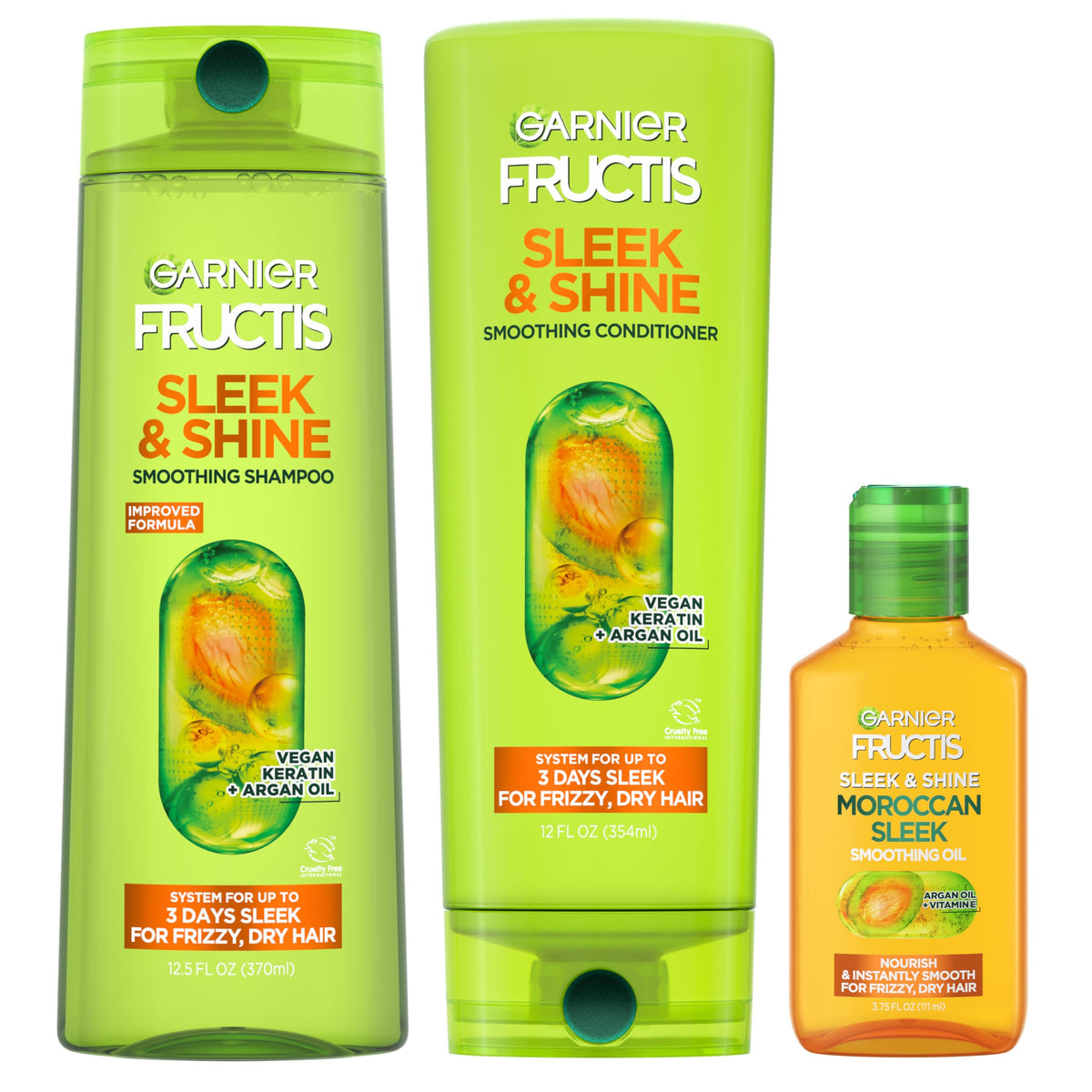 Garnier Fructis Sleek & Shine Shampoo, Conditioner + Moroccan Sleek Oil Set for Frizzy, Dry Hair, Argan Oil (3 Items), 1 Kit (Packaging May Vary)