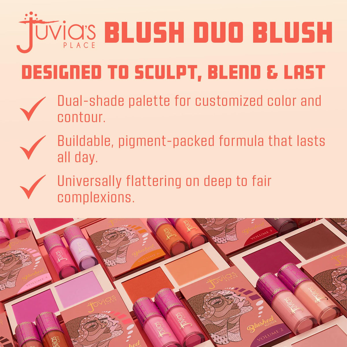 Juvia's Place Duo Blush Vol 6, Shimmer Glow Makeup Powder - All Skin Color