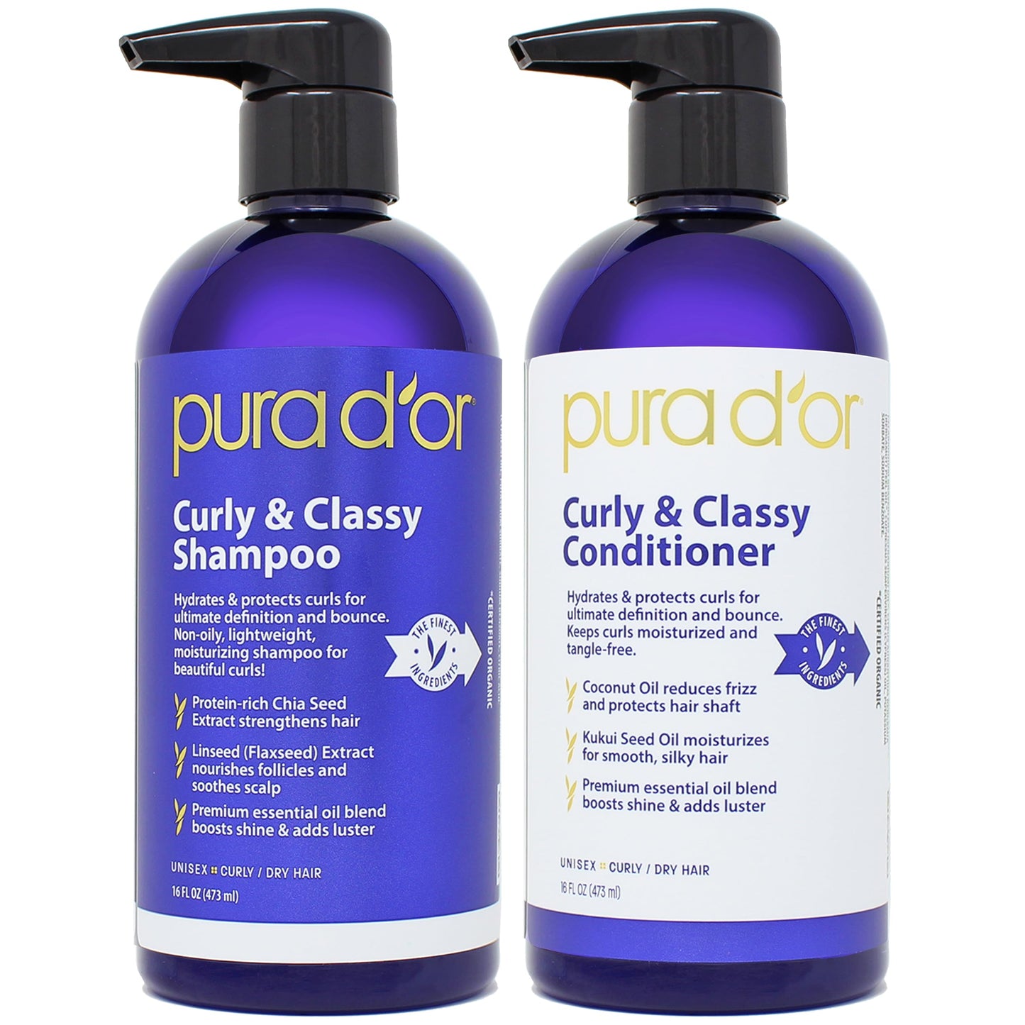 PURA D'OR Curly & Classy Shampoo & Conditioner Set for Defined Curls - Nourishing Formula with Argan, Castor, Geranium, Coconut & Kukui Seed Oils Beauty & Personal Care PURA D'OR