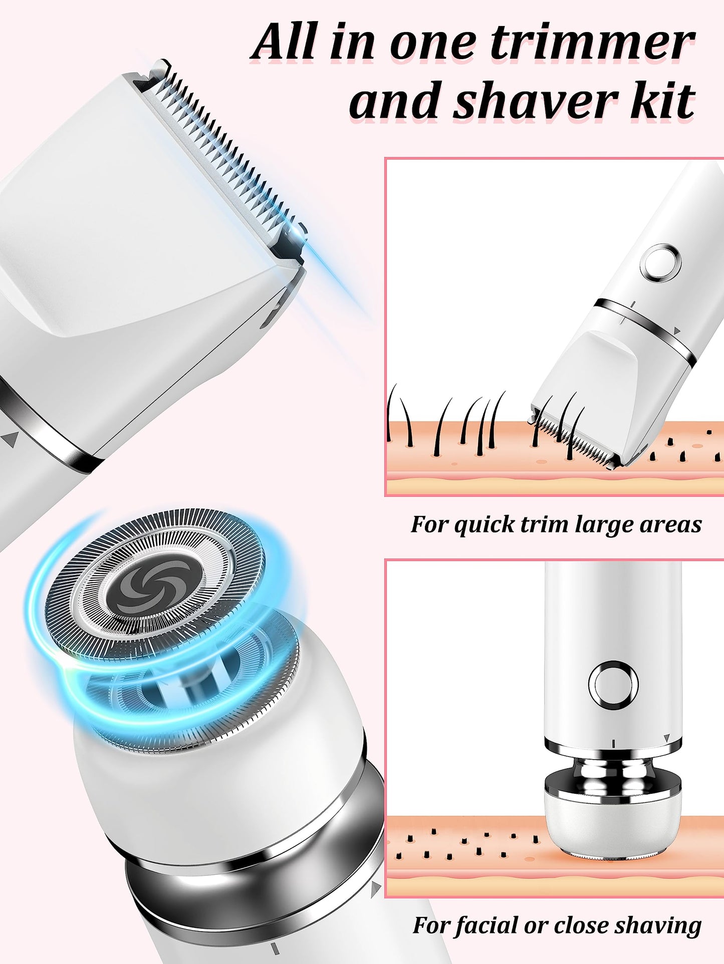 Cayzor Bikini Trimmer and Shaver Kit for Women - 2-in-1 Wet/Dry Electric Body Hair Trimmer Facial Hair Removal Cordless Waterproof Bikini Shaver Razor Beauty and Personal Care Cayzor