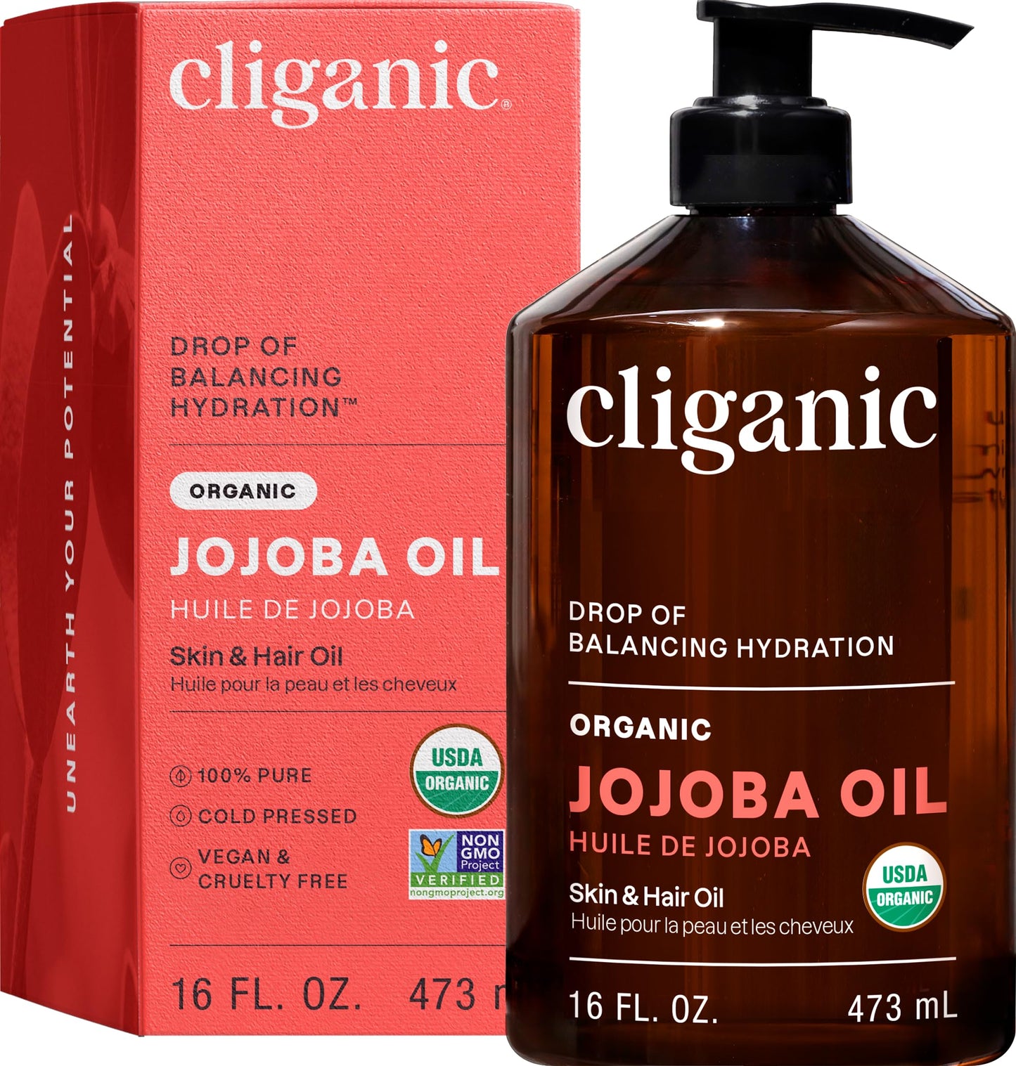 Cliganic Organic Jojoba Oil 16oz with Pump, 100% Pure | Bulk, Moisturizing Oil for Face, Hair, Skin & Nails | Natural Cold Pressed Beauty and Personal Care Cliganic