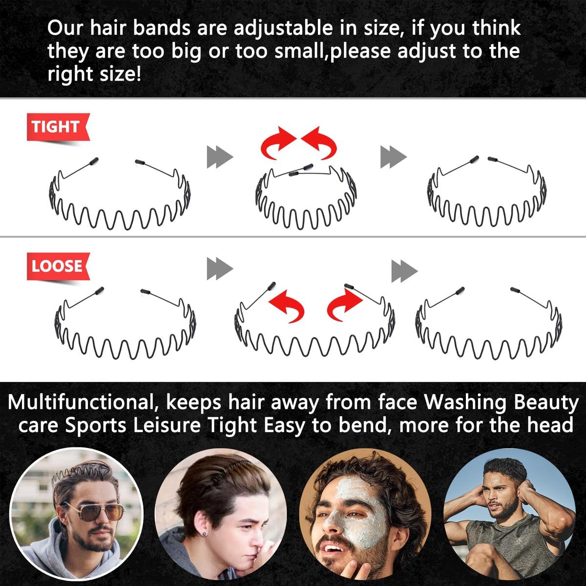 LTHYHJ Men's Metal Headband, Men's Neutral Black Wavy Spring Outdoor Sports 6-Piece Set, Headband for Men and Women, Suitable for Running, Cycling,
