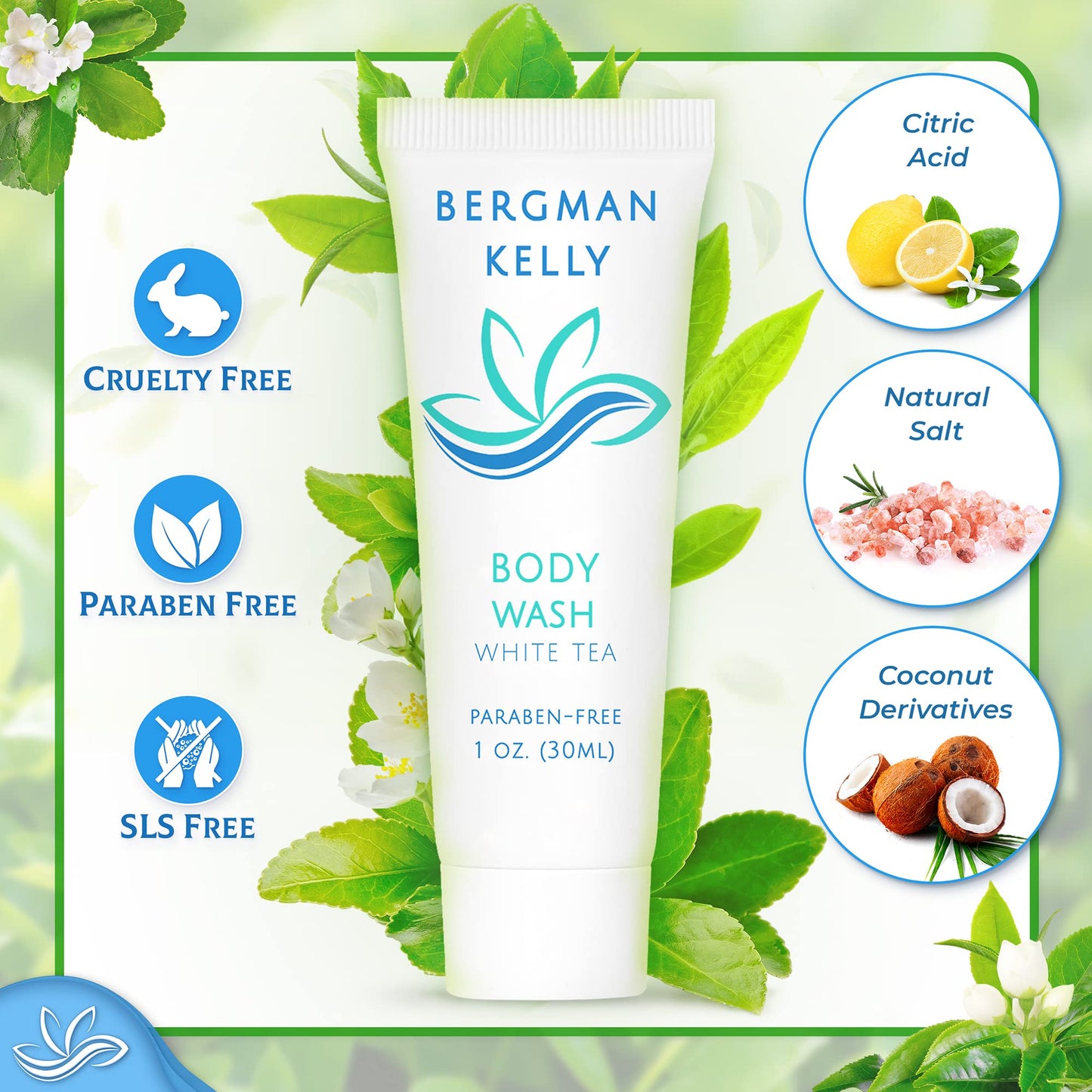 BERGMAN KELLY Travel Size Body Wash (1 fl oz, 100 PK, White Tea), Delight Your Guests with a Revitalizing and Refreshing Hotel Body Wash, Quality Mini Beauty & Personal Care BERGMAN KELLY