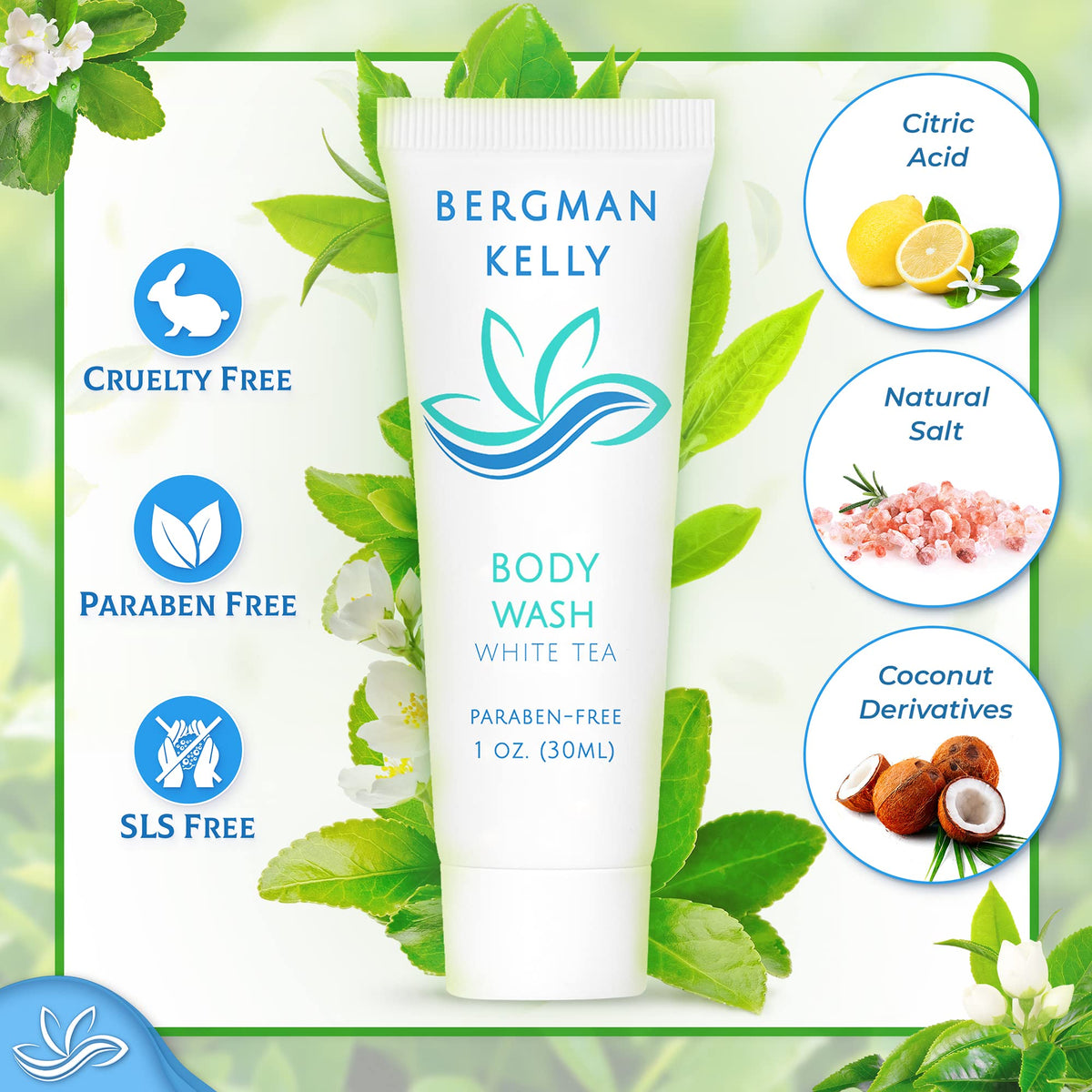 BERGMAN KELLY Travel Size Body Wash (1 fl oz, 50 PK, White Tea), Delight Your Guests with a Revitalizing and Refreshing Hotel Body Wash, Quality Mini Beauty & Personal Care BERGMAN KELLY