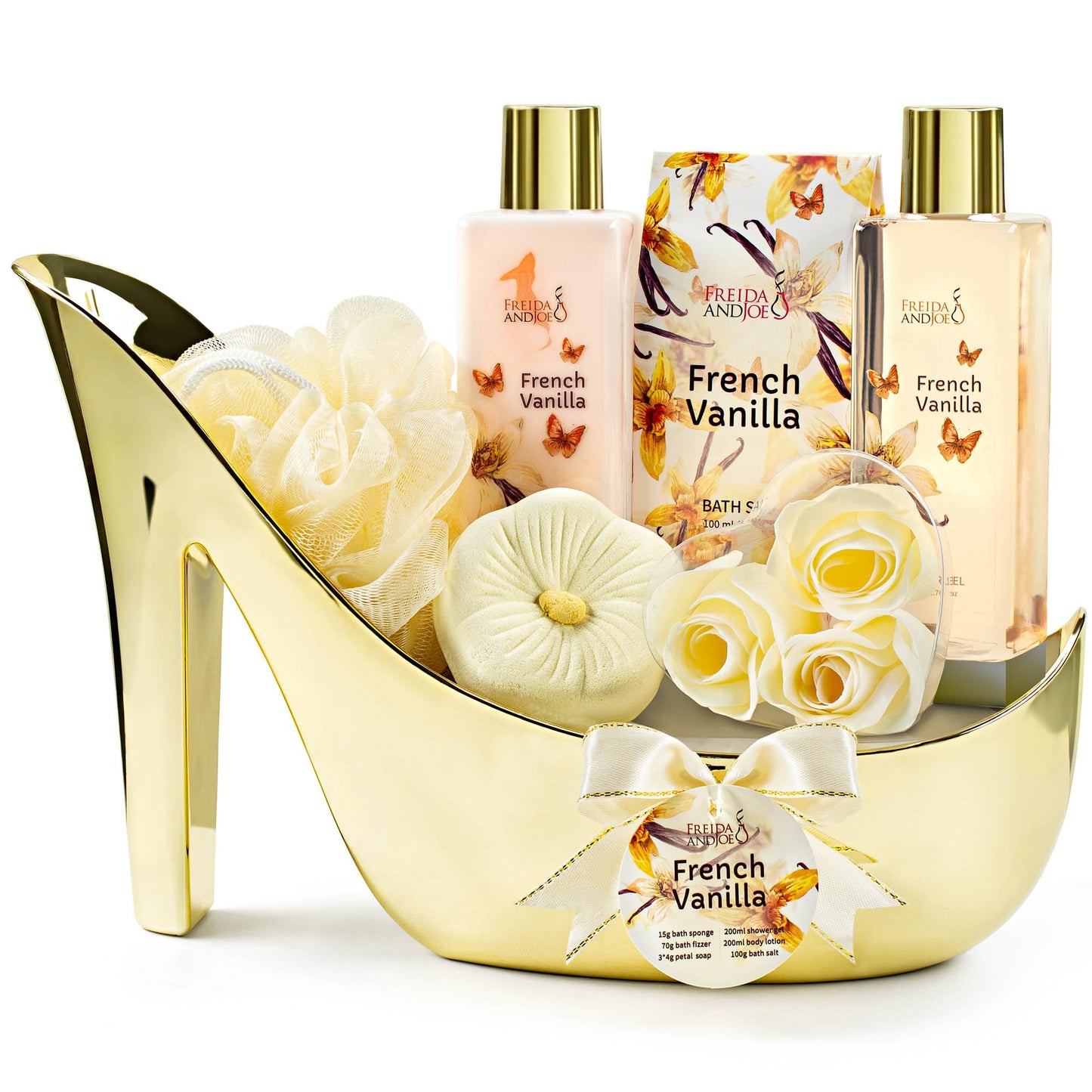Elegant Bath Set in High Heel Shoe - Luxurious Spa Gift Basket for Women, Includes Shower Gel, Body Lotion, Bath Salts, Soap Flowers, Bath Fizzer Beauty and Personal Care Freida and Joe