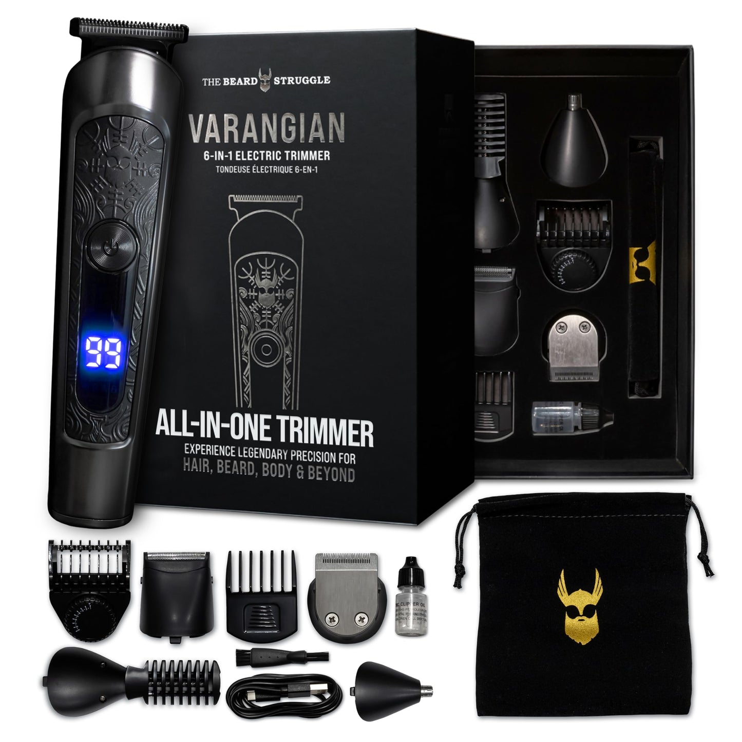 The Beard Struggle Varangian Beard Trimmer® 6-in-1 for Hair, Beard, Body & Beyond, Titanium Blade, 17 Length Adjustable Blade with Digital LED Beauty and Personal Care The Beard Struggle