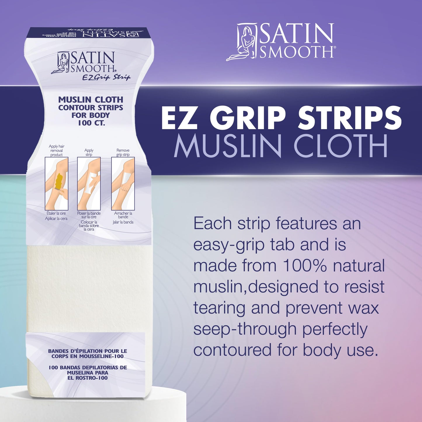 Satin Smooth EZ Grip Muslin Wax Strips - Professional Hair Removal Waxing Strips for Body & Face, 100 Count Beauty and Personal Care SATIN SMOOTH
