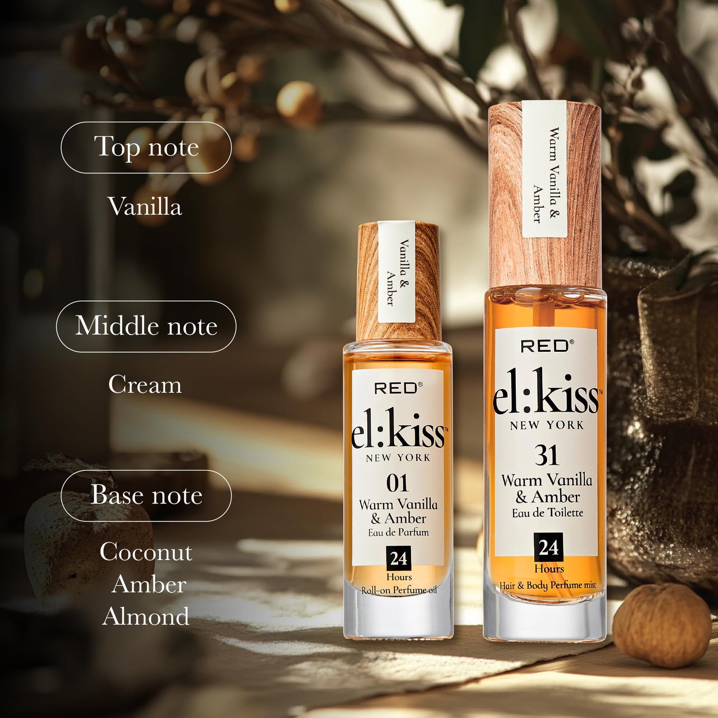 EL:KISS Roll On Perfume, Warm Vanilla & Amber Eau de Parfum 12mL (.40 Fl Oz), Hydrating & Long-Lasting, Alcohol-Free & Mineral Oil-Free, Infused Beauty & Personal Care EL:KISS