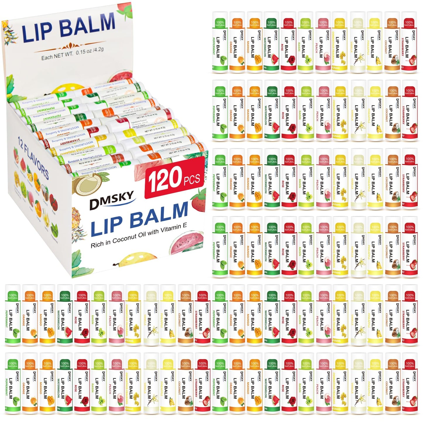 DMSKY 120 Pack Lip Balm, Natural Lip Balm Bulk with Vitamin E and Coconut Oil, Moisturizing Lip Balms for Chapped Lips-12 Flavors Beauty & Personal Care Dmsky