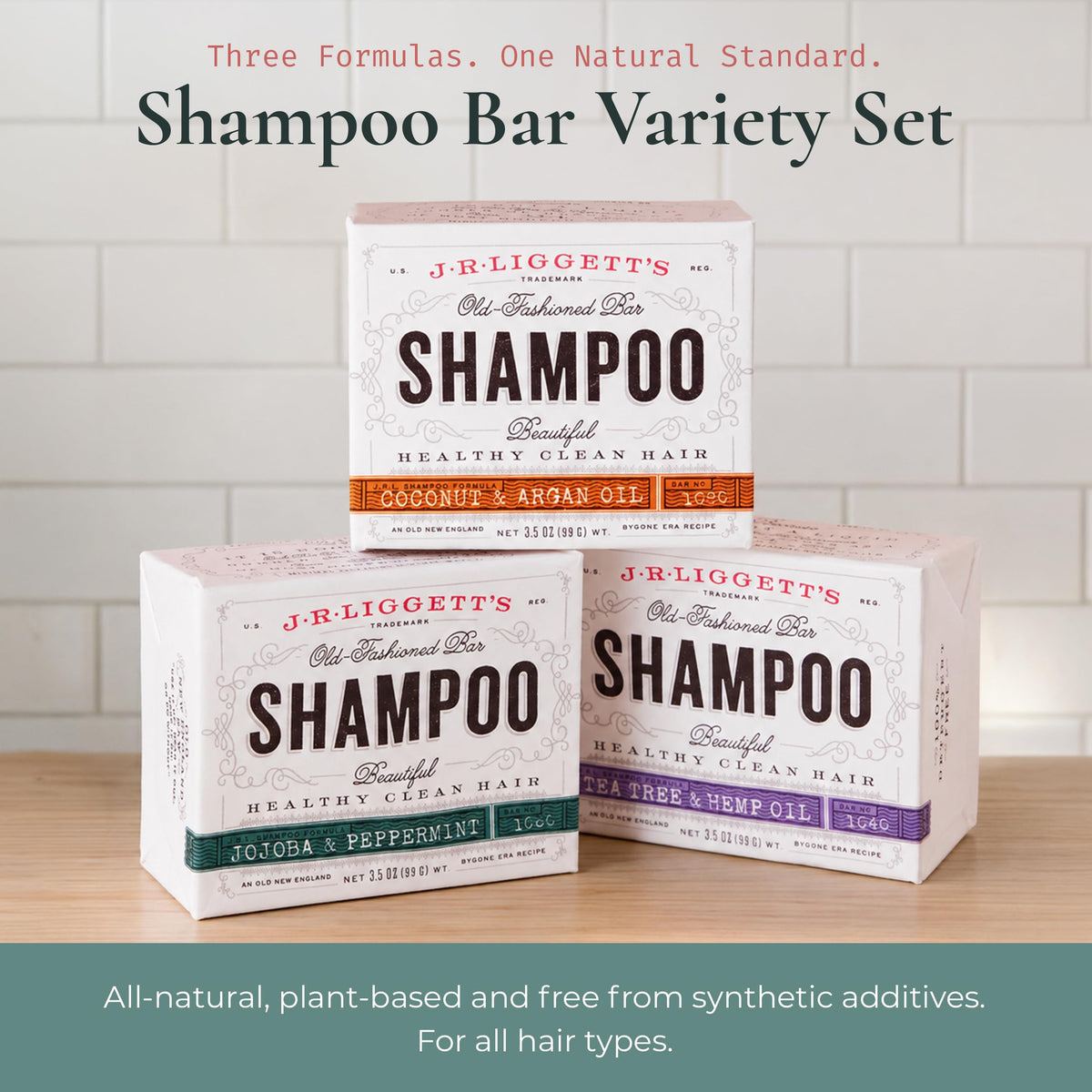 J.R.LIGGETT'S All-Natural Shampoo Bar, Supports Strong & Healthy Hair (Tea Tree, Jojoba & Peppermint, Coconut & Argan Oil, 3-Pack)