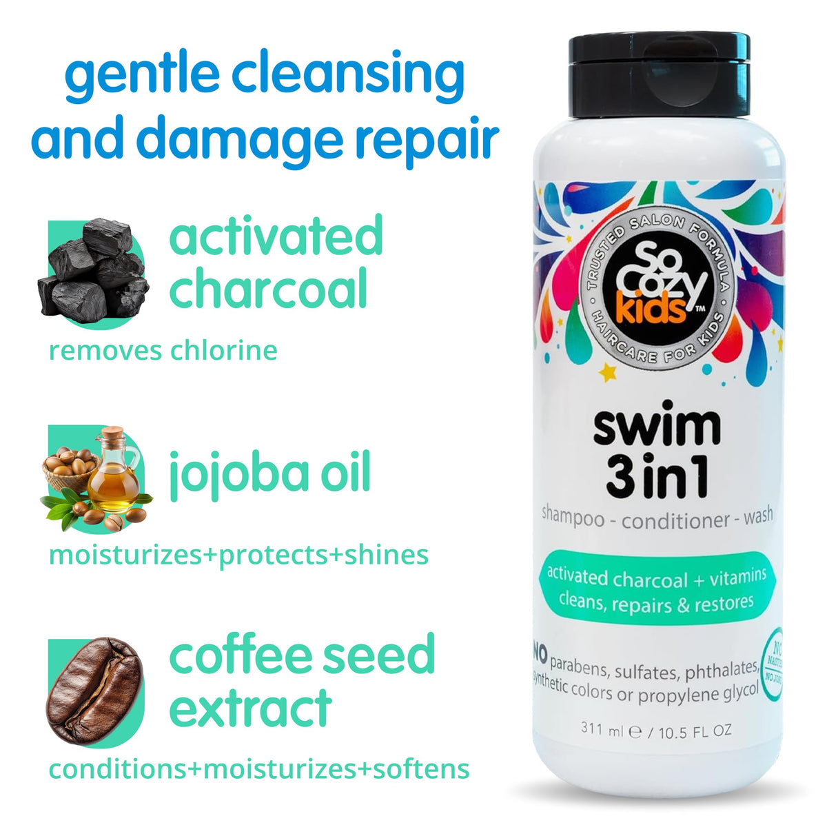 SoCozy Splash Swim 3 in 1 Shampoo + Conditioner + Wash, 10.5 Ounce ( Pack May Vary )