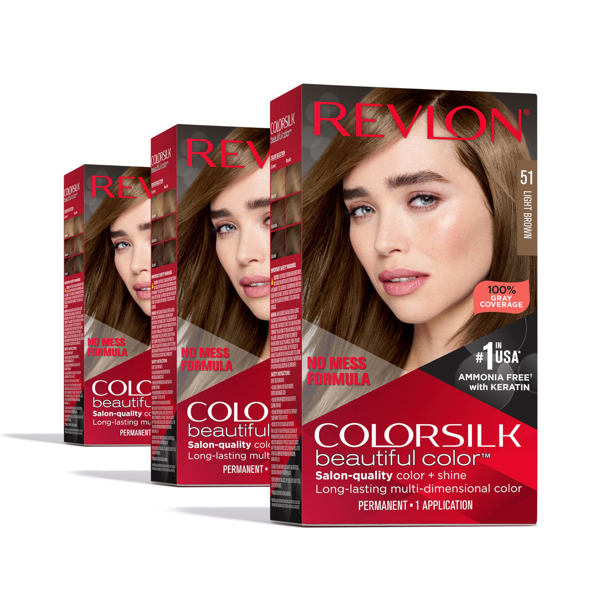 Revlon Colorsilk Beautiful Color Permanent Hair Color, (OLD VERSION) 51 Light Brown (Pack of 3) Beauty & Personal Care REVLON