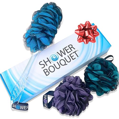 SHOWER BOUQUET Loofah-Charcoal Back-Scrubber & Bath-Sponge Color-Set // 1 Long-Handle-Back-Brush plus 2 Extra Large 75g Soft Mesh Loofa Lufa Loufa Beauty & Personal Care Shower Bouquet