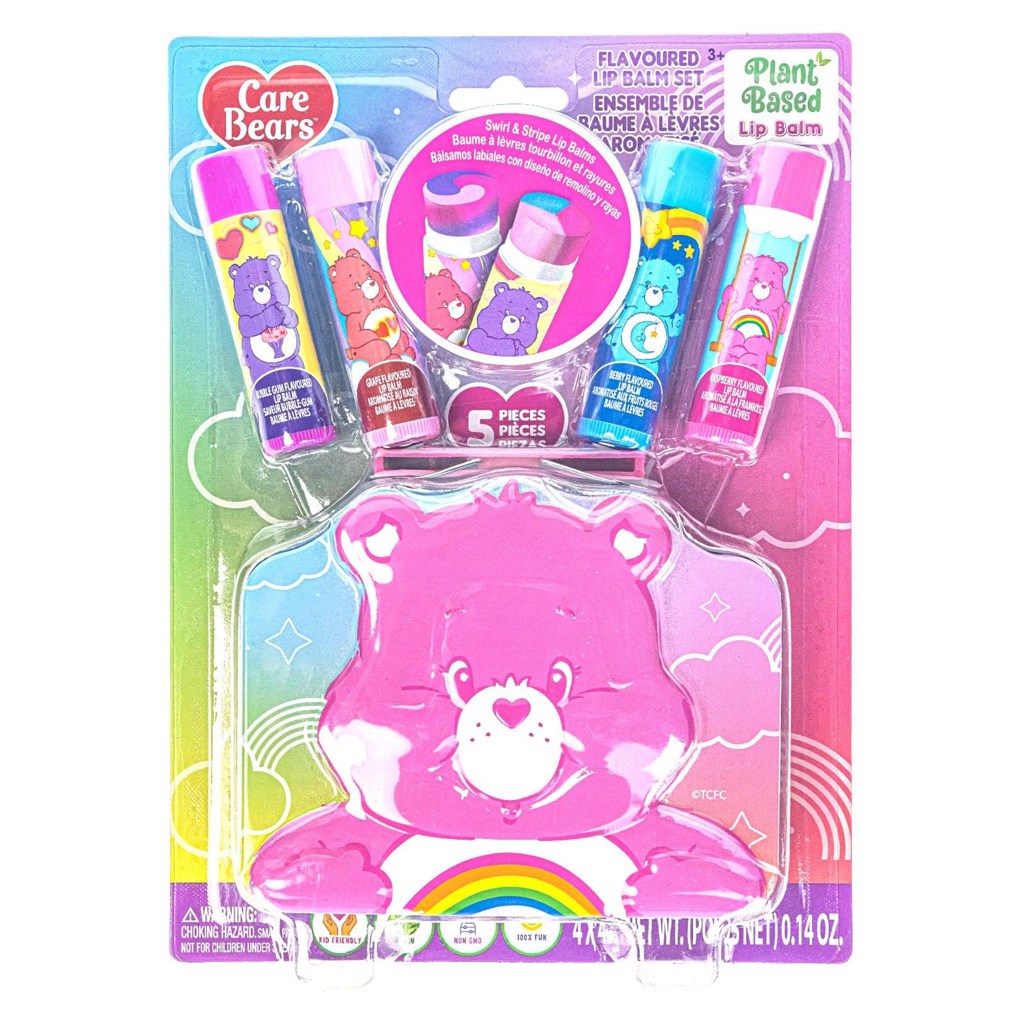 Care Bears 4 PK Plant-Based, Fruity Scented Lip Balm, & 1 Tin, Colorful Hydrating Mosturizor Swirl Lip Balm Set for Kids, by Townley Girl Beauty and Personal Care Townley Girl