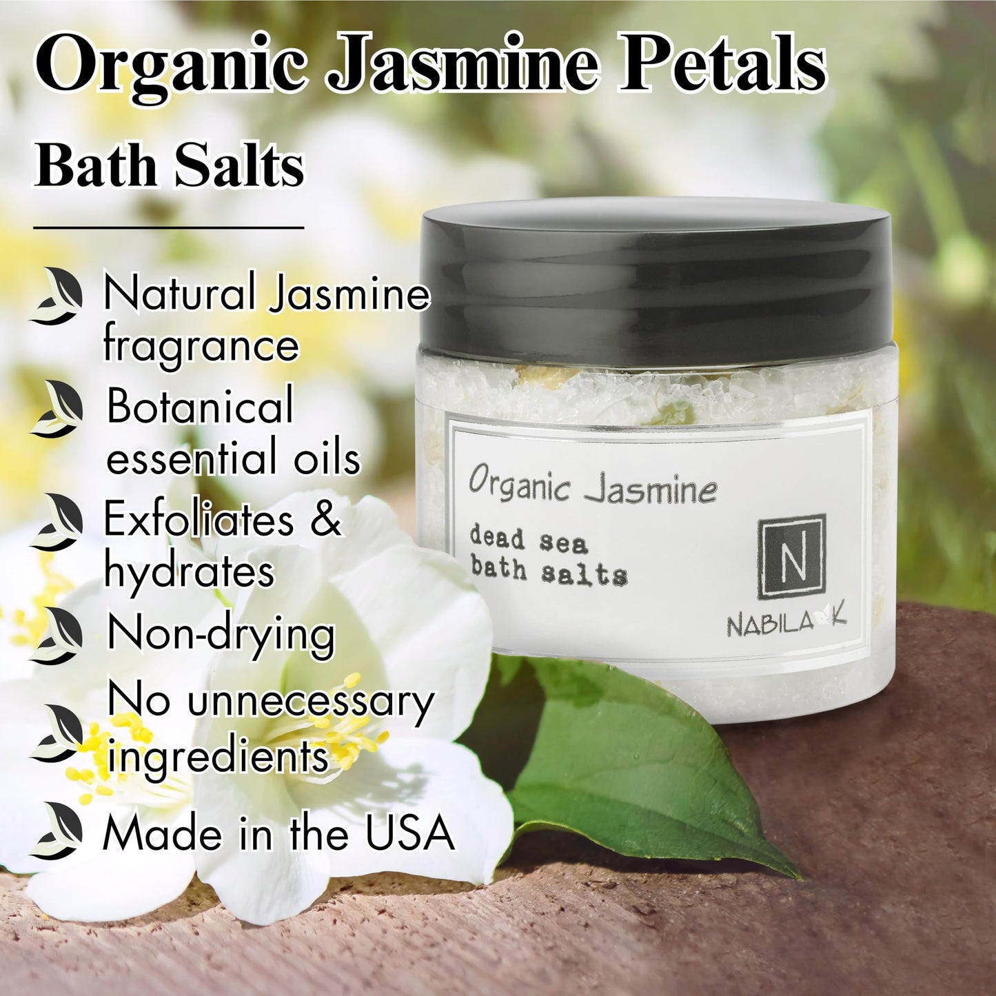 Organic Jasmine Bath Salts for Women & Men - Dead Sea Salt & Epsom Salt Soak and Scrub - Organic Jasmine Buds & Essential Oil, Cruelty-Free Beauty and Personal Care Nabila K