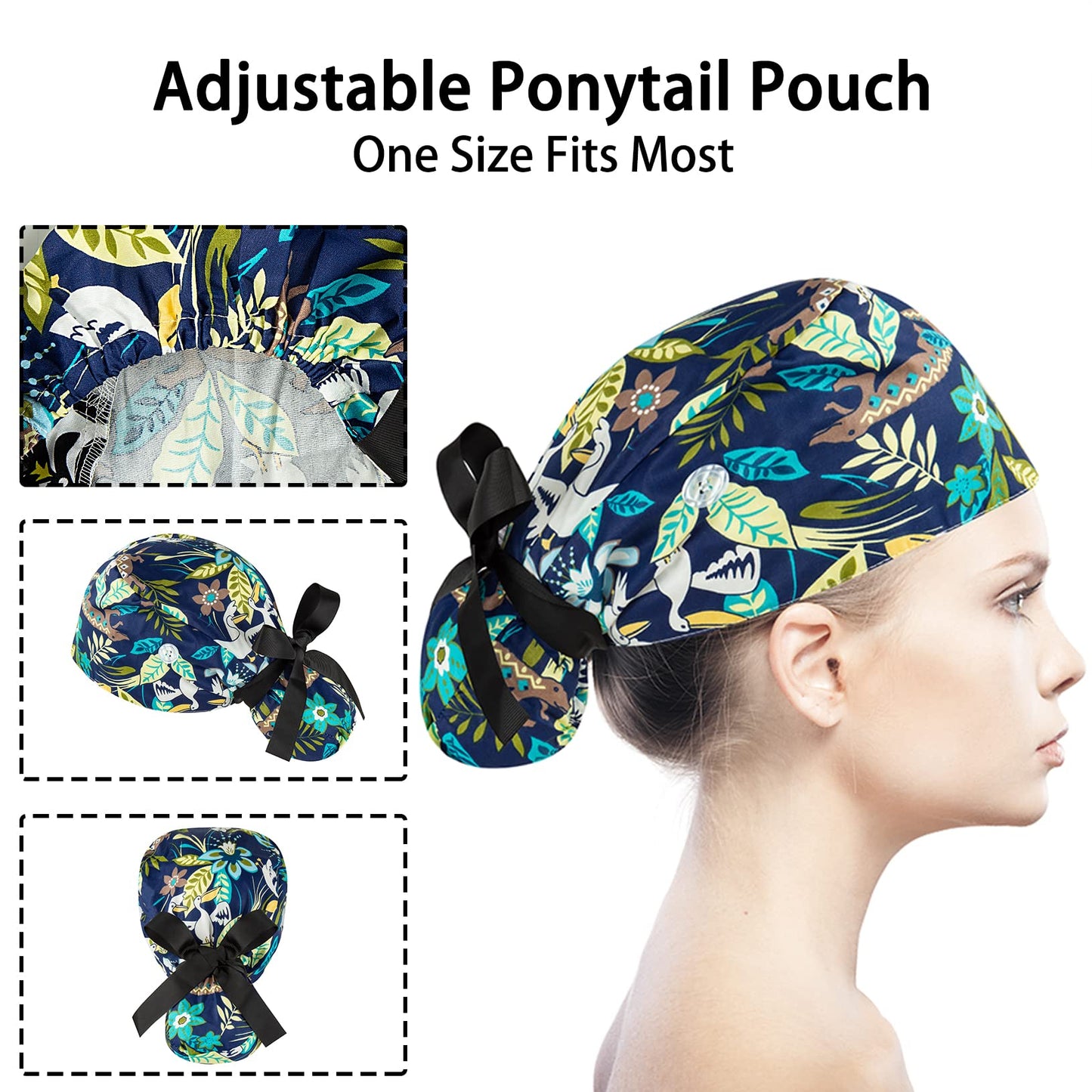 Scrub Caps Women Bouffant Scrub Caps, Adjustable Working Cap Ponytail Pouch Tie Back Shower Cap Beauty and Personal Care YEAJOIN