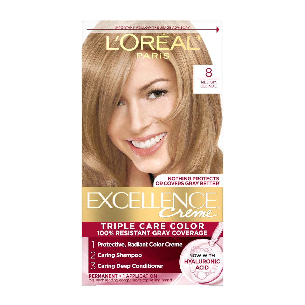 L'Oreal Paris Excellence Crème Permanent Hair Dye, Triple Care Hair Color with Pro-Keratine Complex for 100% Gray Hair Coverage, 8 Medium Blonde, 1 Beauty & Personal Care L'Oreal Paris