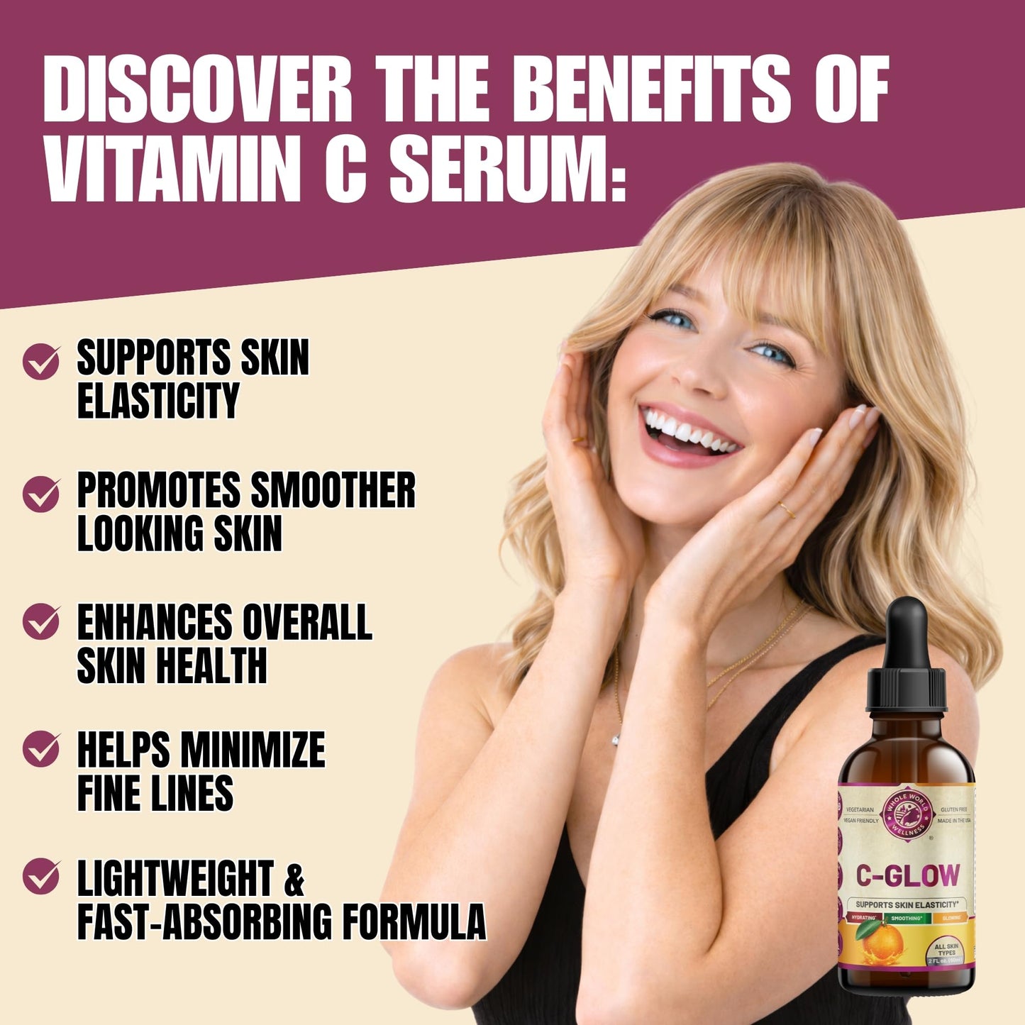 C Glow Vitamin C Liquid Serum | Supports Skin Elasticity & Hydration | Ascorbic Acid, Dandelion Extract, Vitamin E | Gluten Free, Vegan Friendly, Soy Beauty & Personal Care WHOLE WORLD WELLNESS