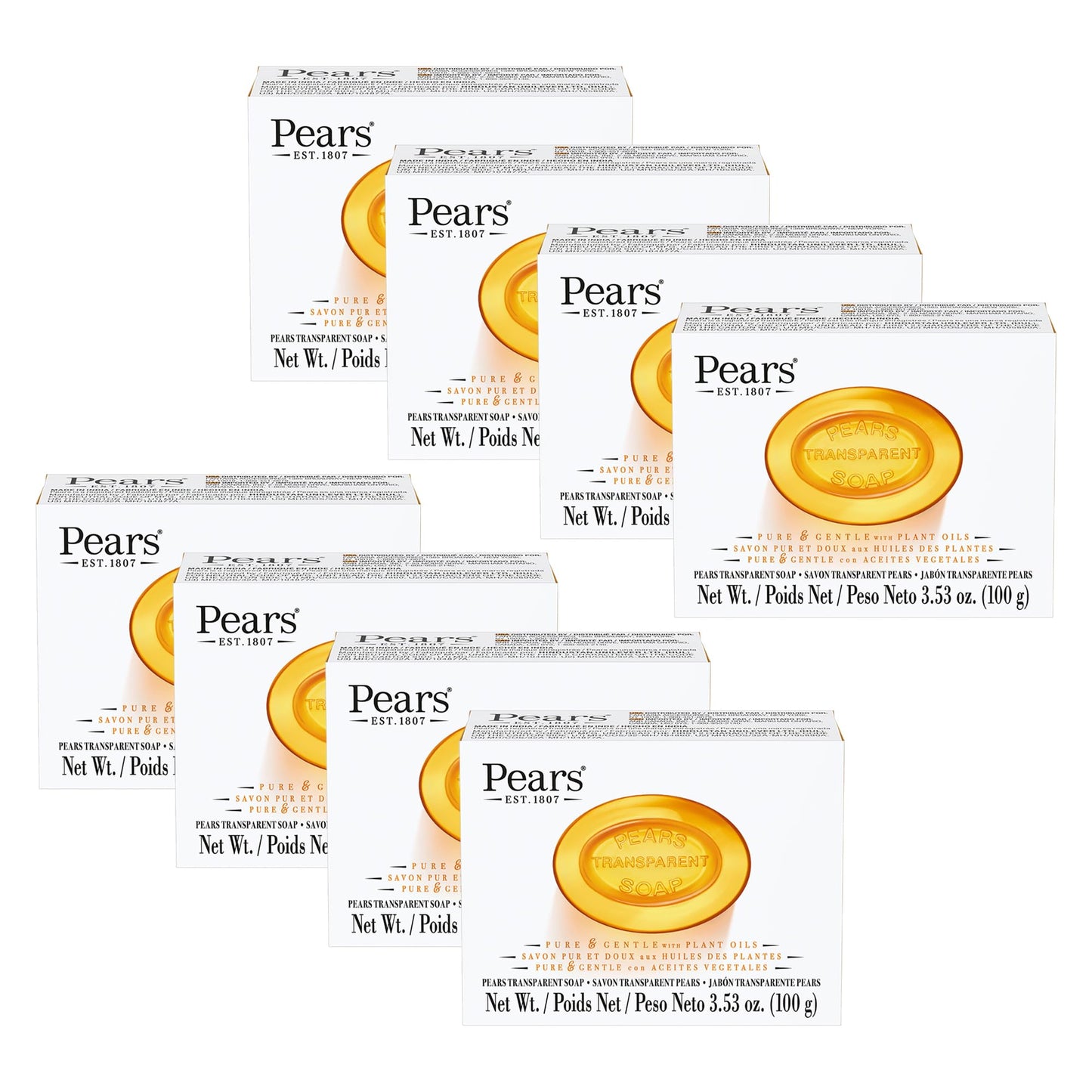 Pears Pure and Gentle with Glycerin and Natural Oils - Transparent Soap Bar for Radiant Skin - Bar Soap for Women and Men - Amber - 8 pc Beauty & Personal Care Pears
