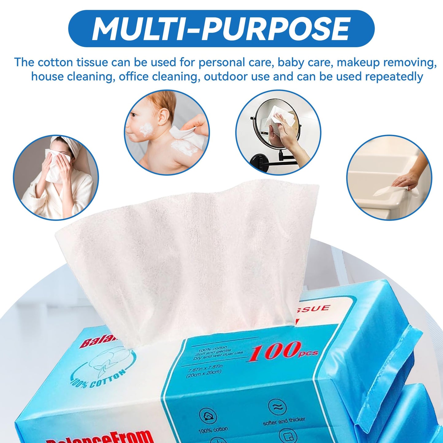Elevon Multi-Purpose 100% Unscented Cotton Tissue Soft Dry Facial Cotton Wipes for Sensitive Skin, , White (Pack of 18) Beauty & Personal Care Elevon