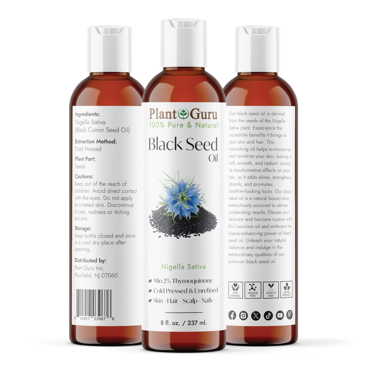 Plant Guru Black Cumin Seed Oil 8 fl. oz. Unrefined Cold Pressed 100% Pure Natural Nigella Sativa Kalonji Oil For Skin Care, Hair Growth, Scalp Beauty & Personal Care Plant Guru