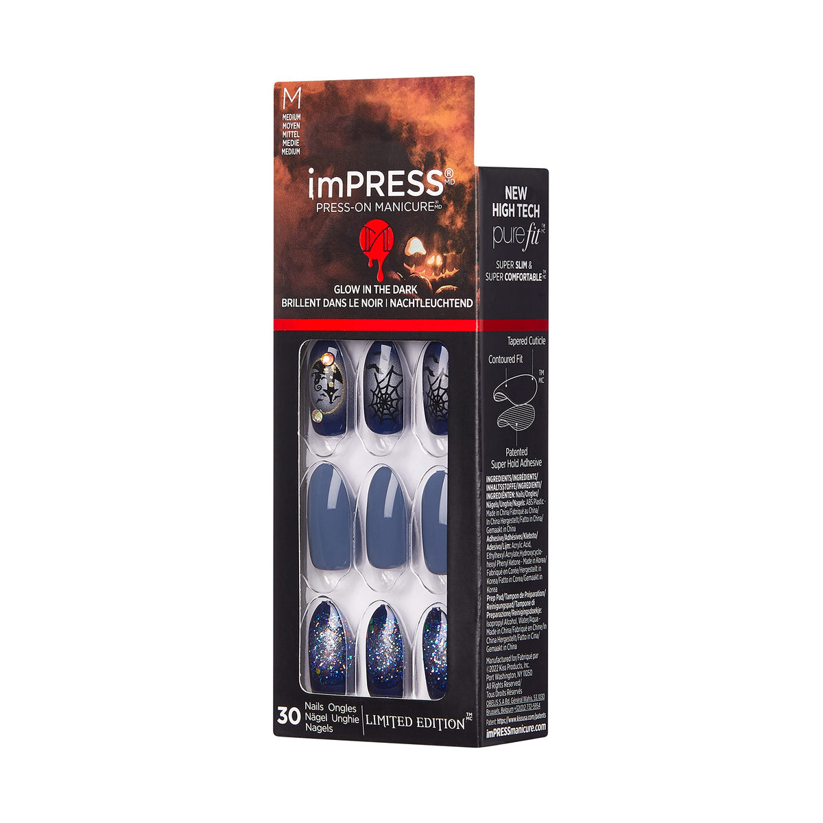 KISS imPRESS Limited Edition Halloween Press-On Nails, Glow-In-The-Dark, PureFit Technology, 'Hallow-queen’, with Prep Pad, Mini File, Cuticle Stick