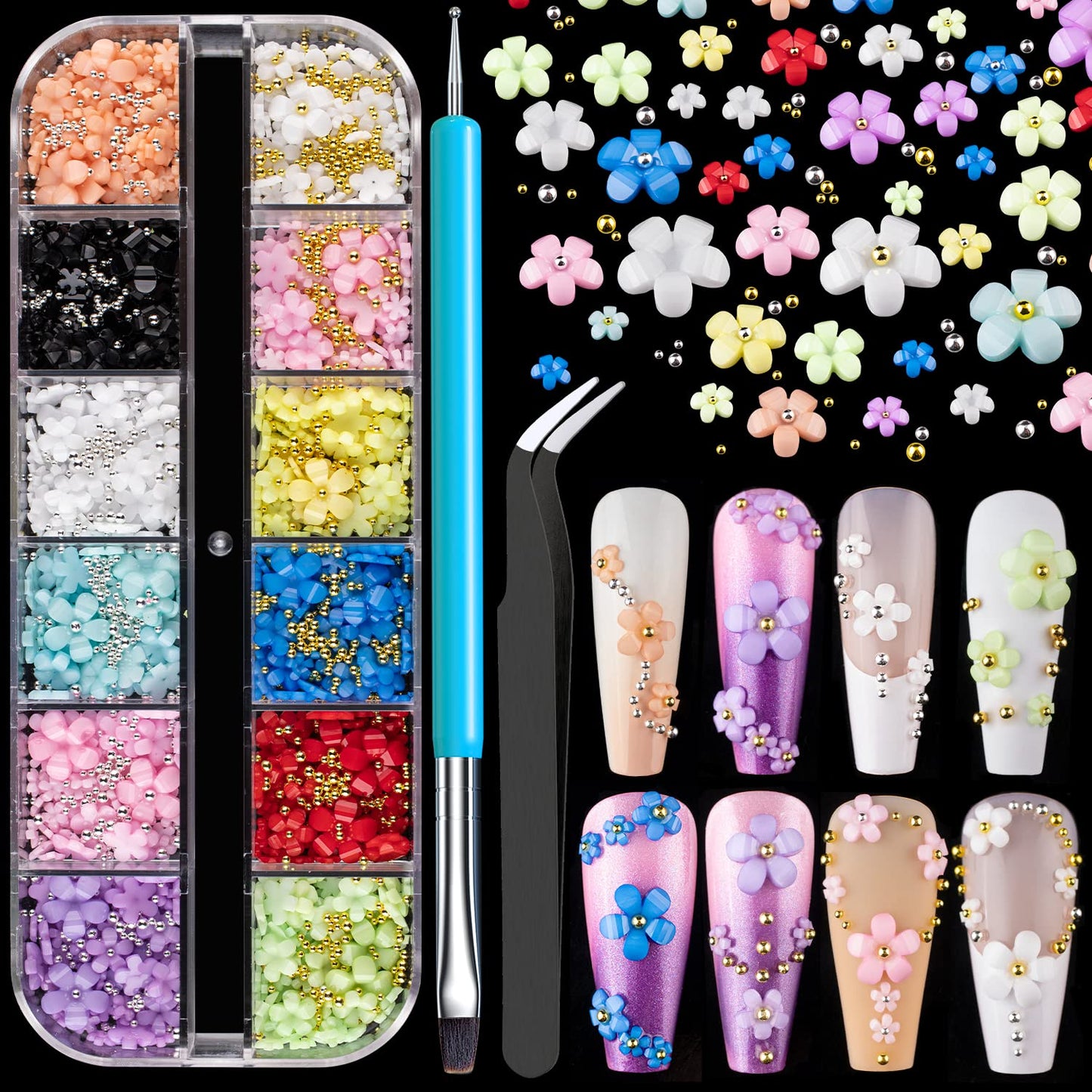 3D Flowers for Nails Art Colorful Charms Kit #2 with Caviar Beads, Blossom Rhinestones Crystal Pearls Acrylic Studs DIY Design Manicure Accessories Beauty & Personal Care BELLEBOOST