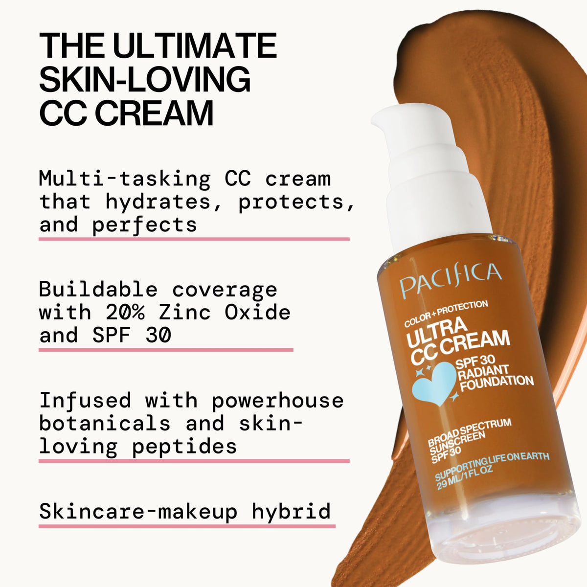 Pacifica Ultra CC Cream Radiant Foundation SPF 17 - Warm-Tan - Medium Coverage Color Correcting Foundation, Dewy Finish, Mineral SPF, 1 oz