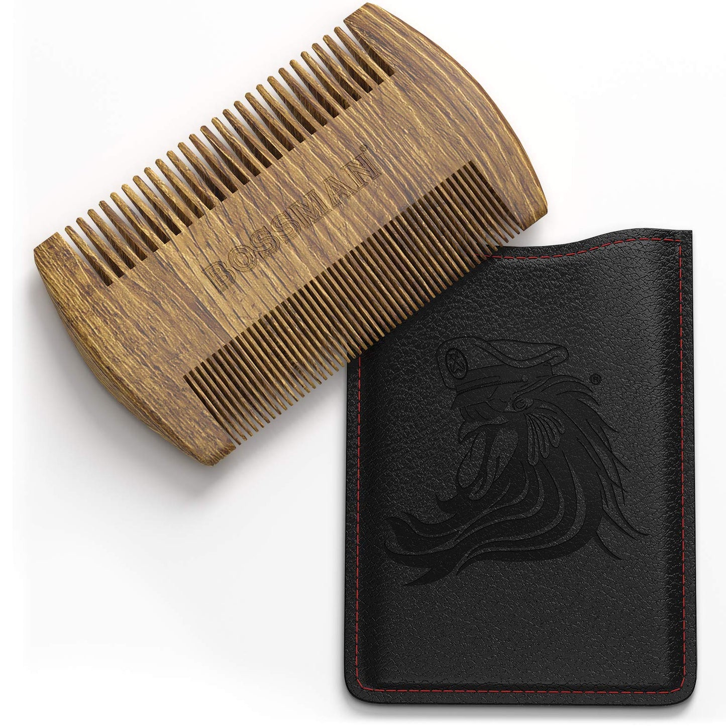 Bossman Pocket Size Sandalwood Comb with Protective Case - Fine and Wide Tooth for Beard, Mustache, and Hair Shaping Tool Beauty & Personal Care Bossman
