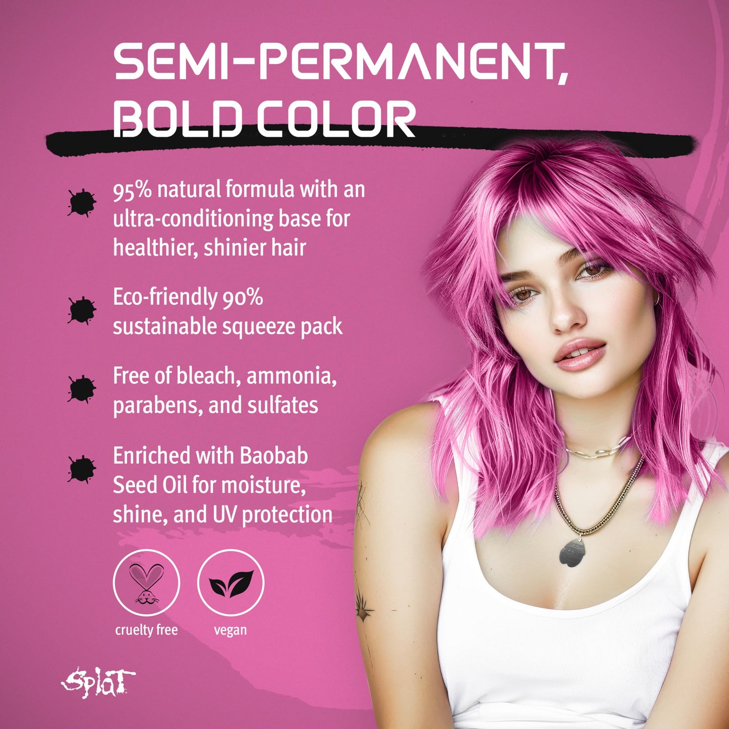 Splat Naturals Semi-Permanent Hair Color, Pink, 6 fl. oz., 95% Natural Hair Dye Formula Lasts Up to 30 Washes, Vegan & Cruelty-Free Semi Permanent Beauty & Personal Care Splat