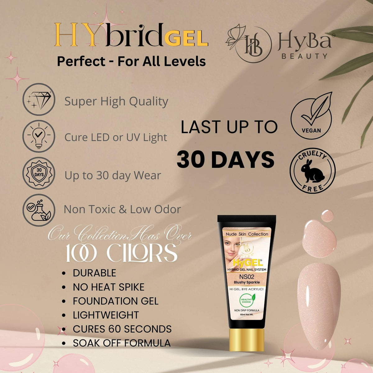 HyGEL Hybrid Nail Gel, Nude Skin Collection SINGLES, 60ml (Blushy Sparkle, NS02)
