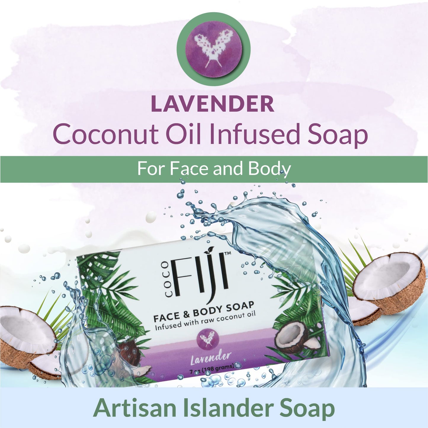 "Coco Fiji Soap Bar for Face and Body Infused With Organic Coconut Oil, Lavender Essential Oil, Natural Soap for Moisturizing & Pore Purifying Skin, 7 Beauty & Personal Care Organic Fiji