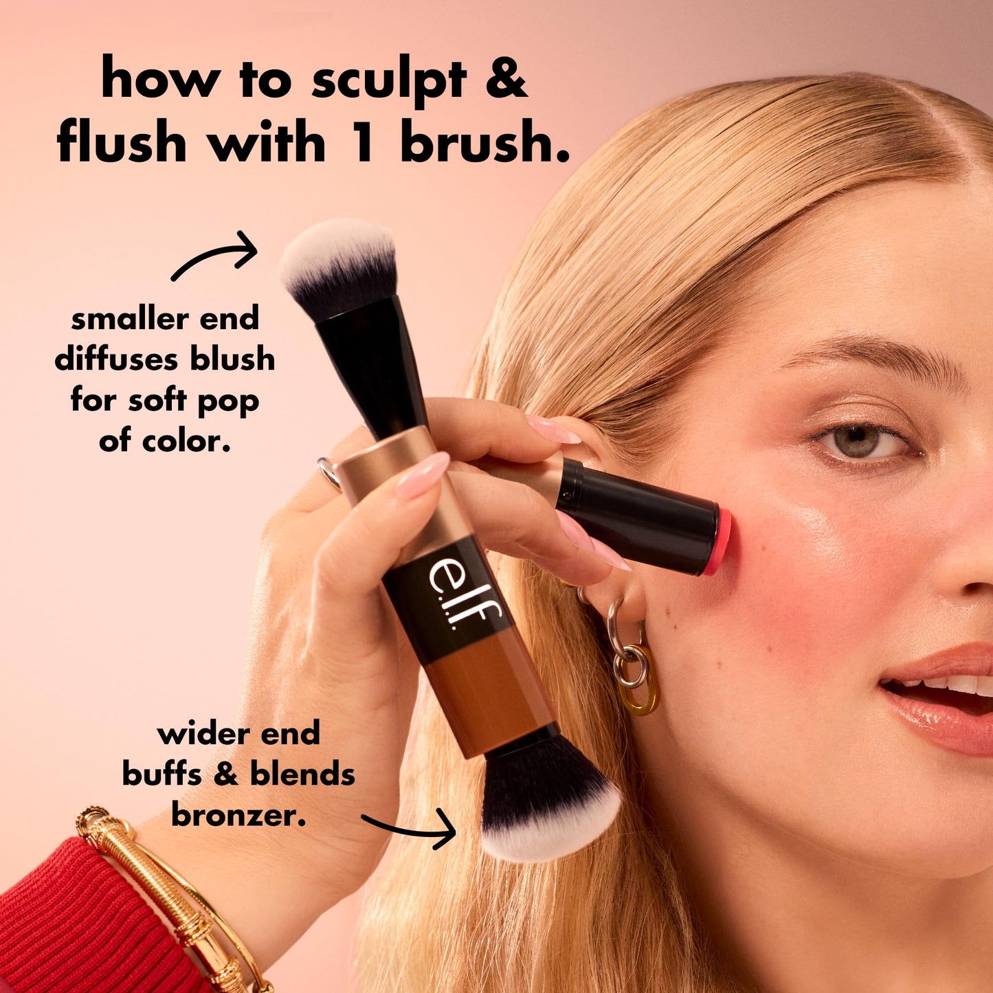 e.l.f. Cream Blush & Bronzer Duo Brush, 2-in-1 Makeup Brush for Blending & Layering Cream Formulas, Creates Seamless Glow, Vegan & Cruelty-Free Beauty and Personal Care e.l.f.