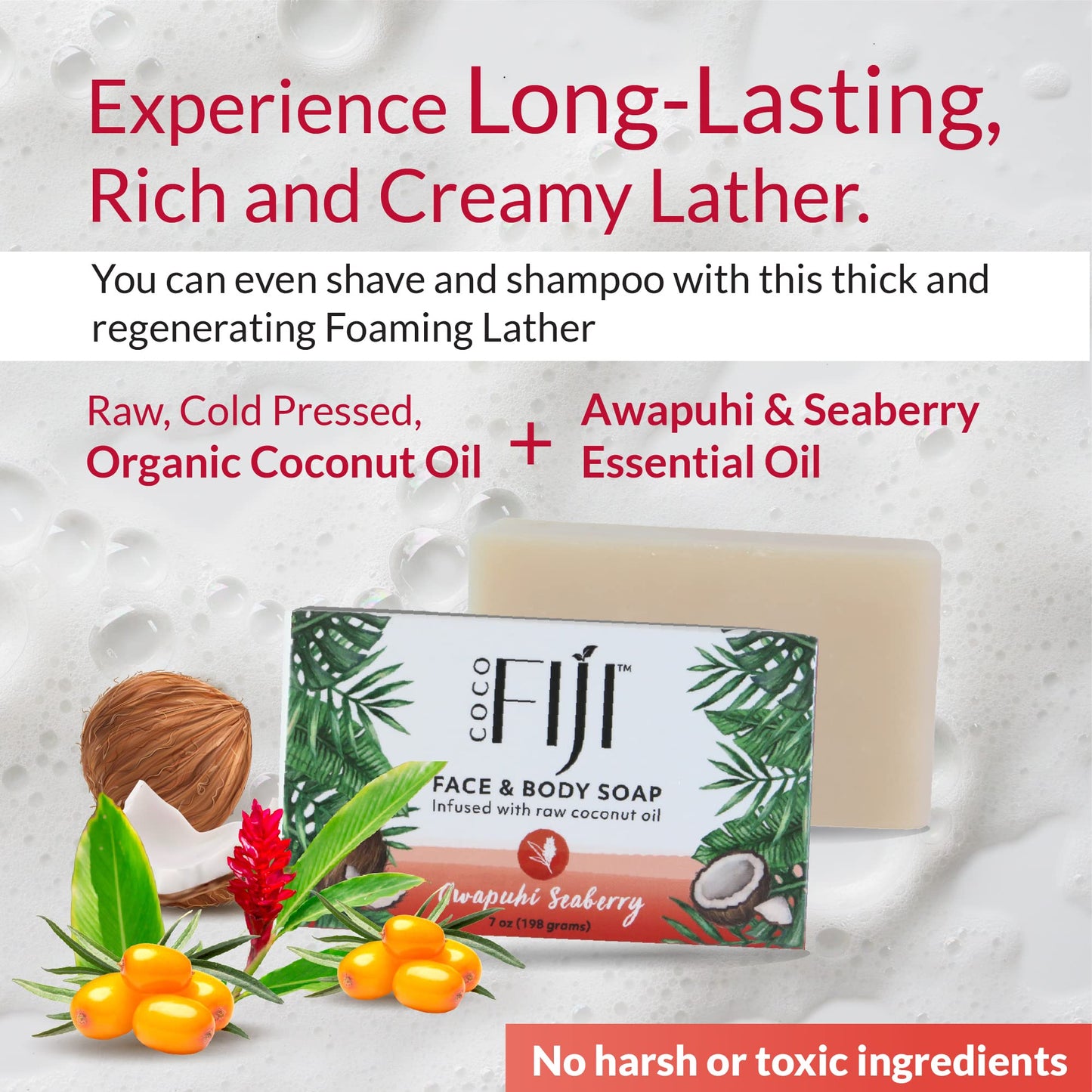 "Coco Fiji Soap Bar for Face and Body Infused With Organic Coconut Oil, Awapuhi Seaberry, Essential Oil, Natural Soap for Moisturizing & Pore Beauty & Personal Care Organic Fiji