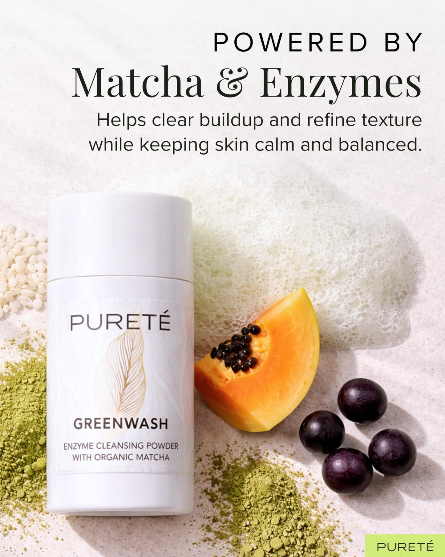Pureté Greenwash Enzyme Cleansing Powder for Face | Ceremonial Matcha Powder-to-Foam Cleanser | Water-Activated Gentle Exfoliating Face Wash | Made in Beauty & Personal Care Pureté